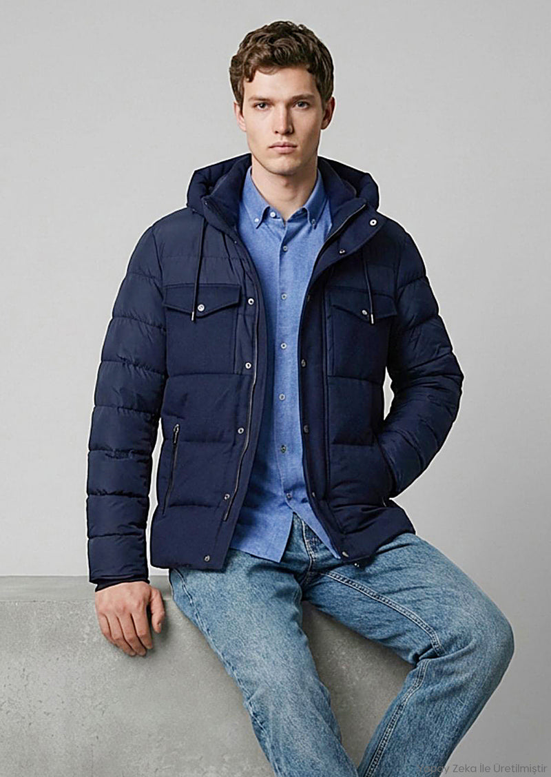 Lacivert Regular Fit Kapüşonlu Casual Dokuma Mont