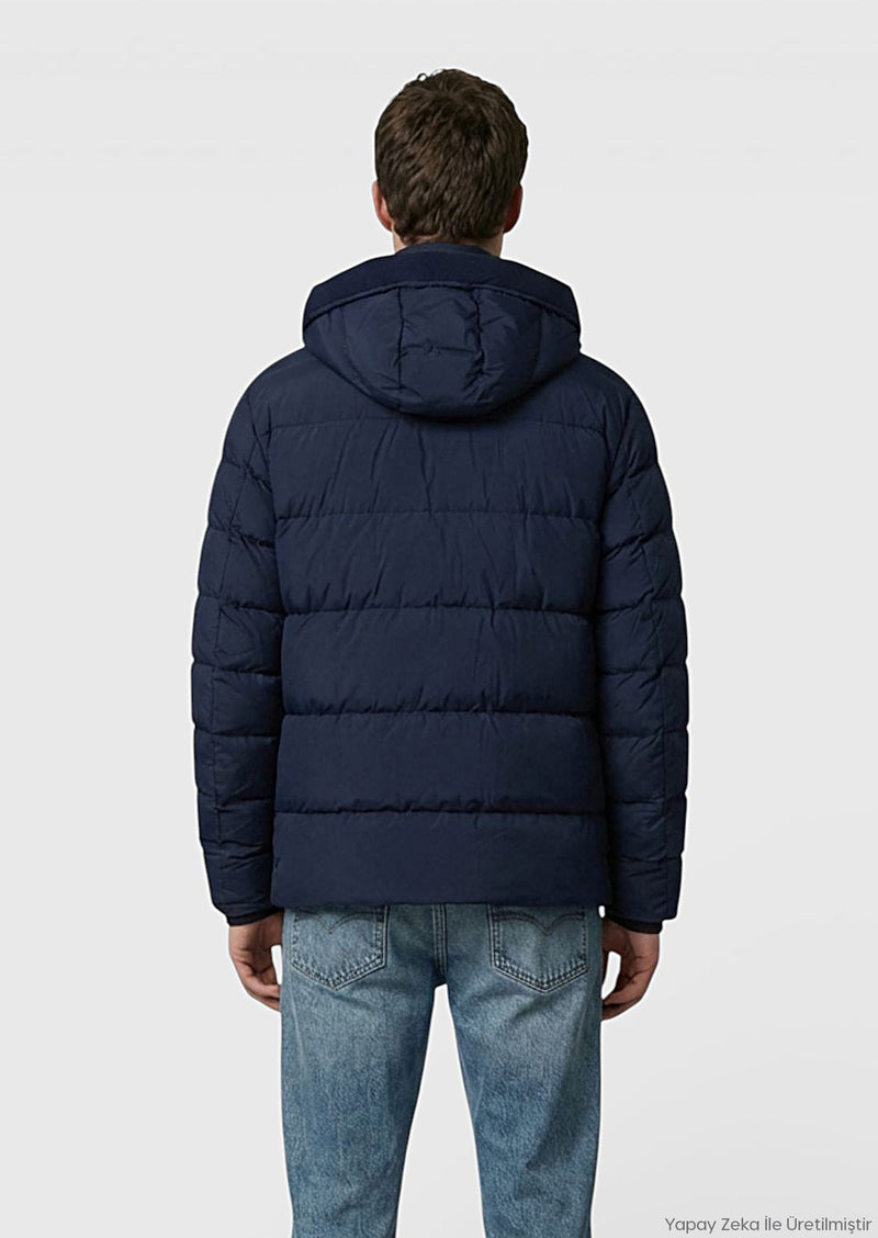 Lacivert Regular Fit Kapüşonlu Casual Dokuma Mont