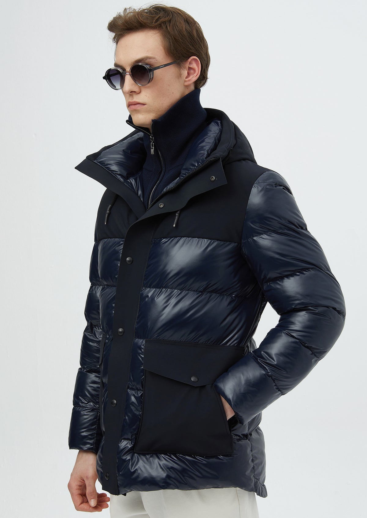 Lacivert Regular Fit Kapüşonlu Casual Dokuma Kaban