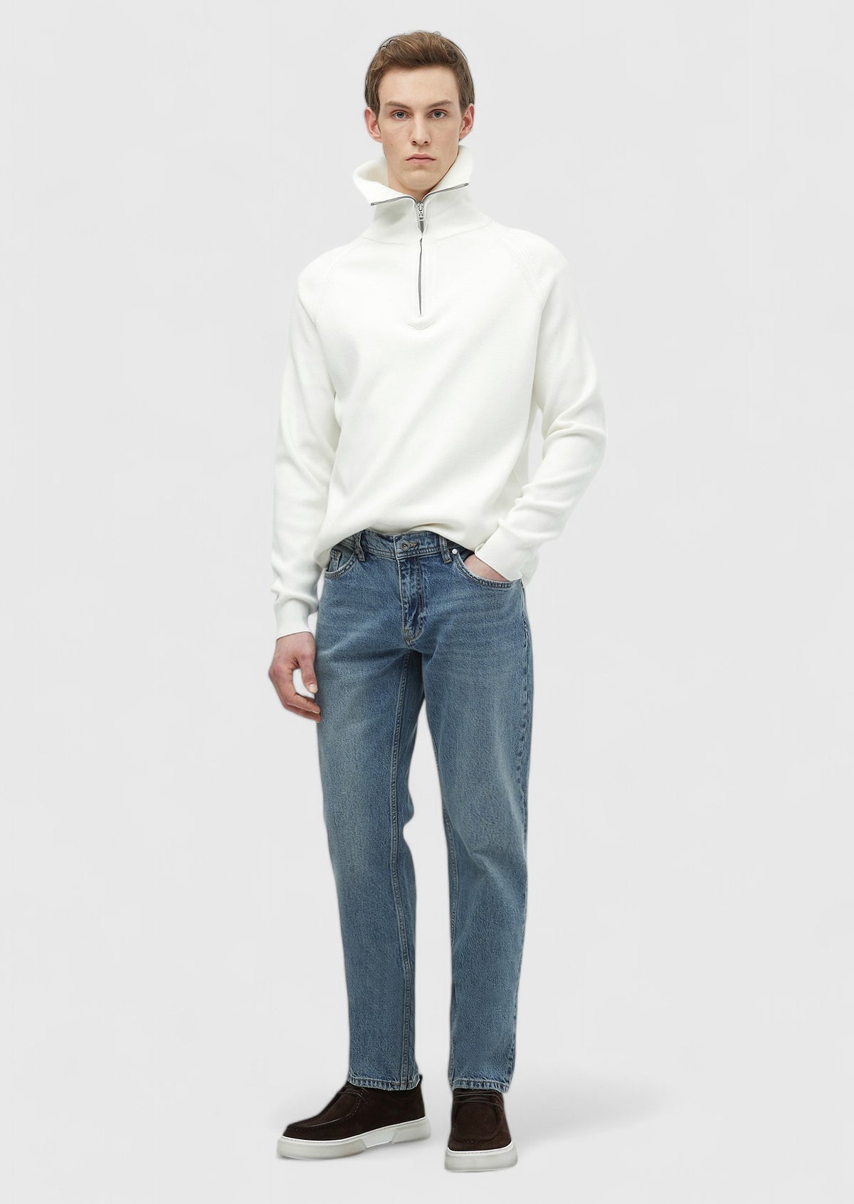 Mavi Düz Loose Fit Denim Pamuk Karışımlı Pantolon