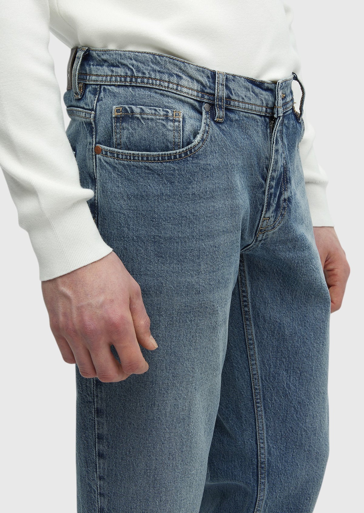 Mavi Düz Loose Fit Denim Pamuk Karışımlı Pantolon