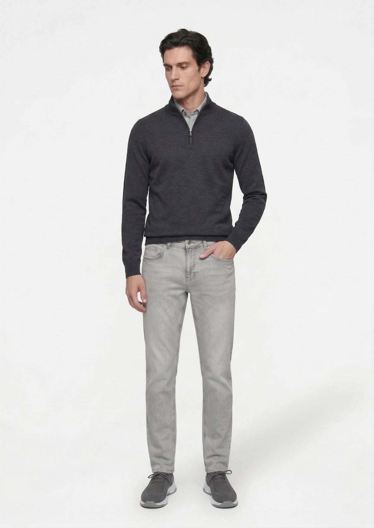Gri Düz Slim Fit Denim Pamuk Karışımlı Pantolon