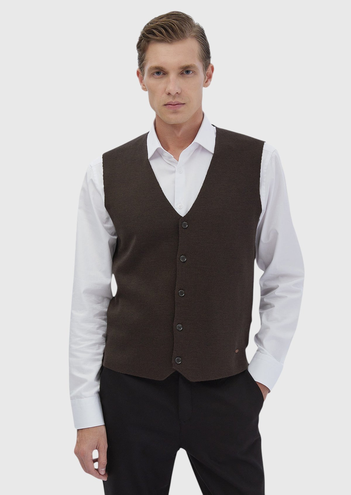 Kahverengi Regular Fit V Yaka Casual Örme Triko Yelek