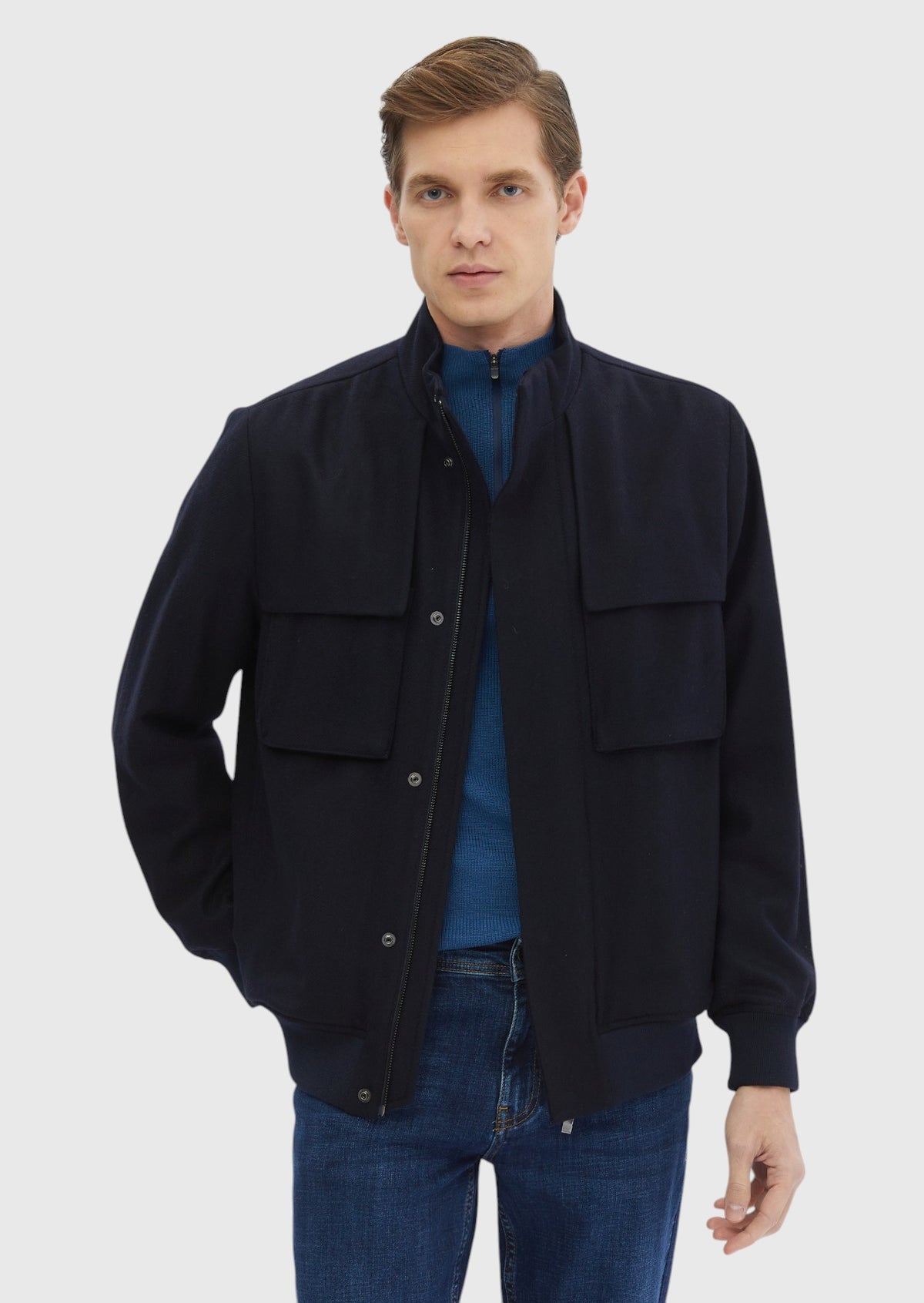 Lacivert Regular Fit Dik Yaka Casual Dokuma Mont