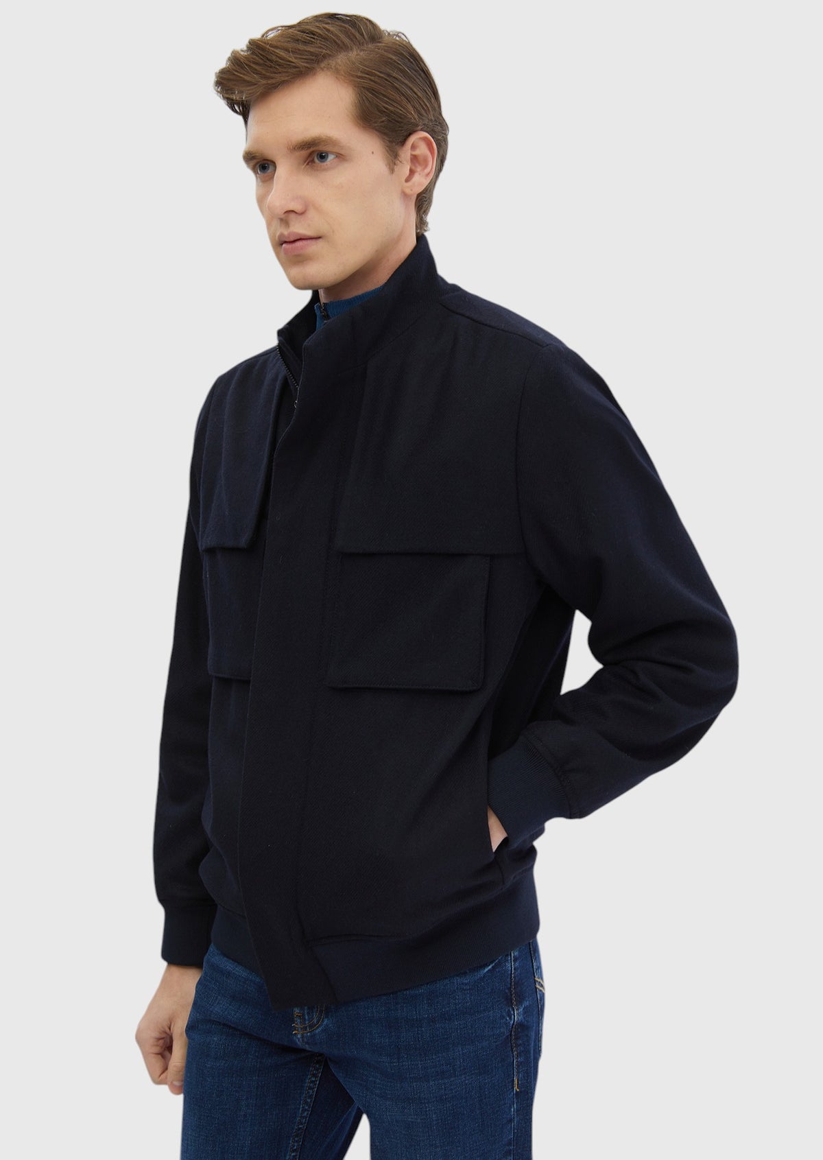 Lacivert Regular Fit Dik Yaka Casual Dokuma Mont