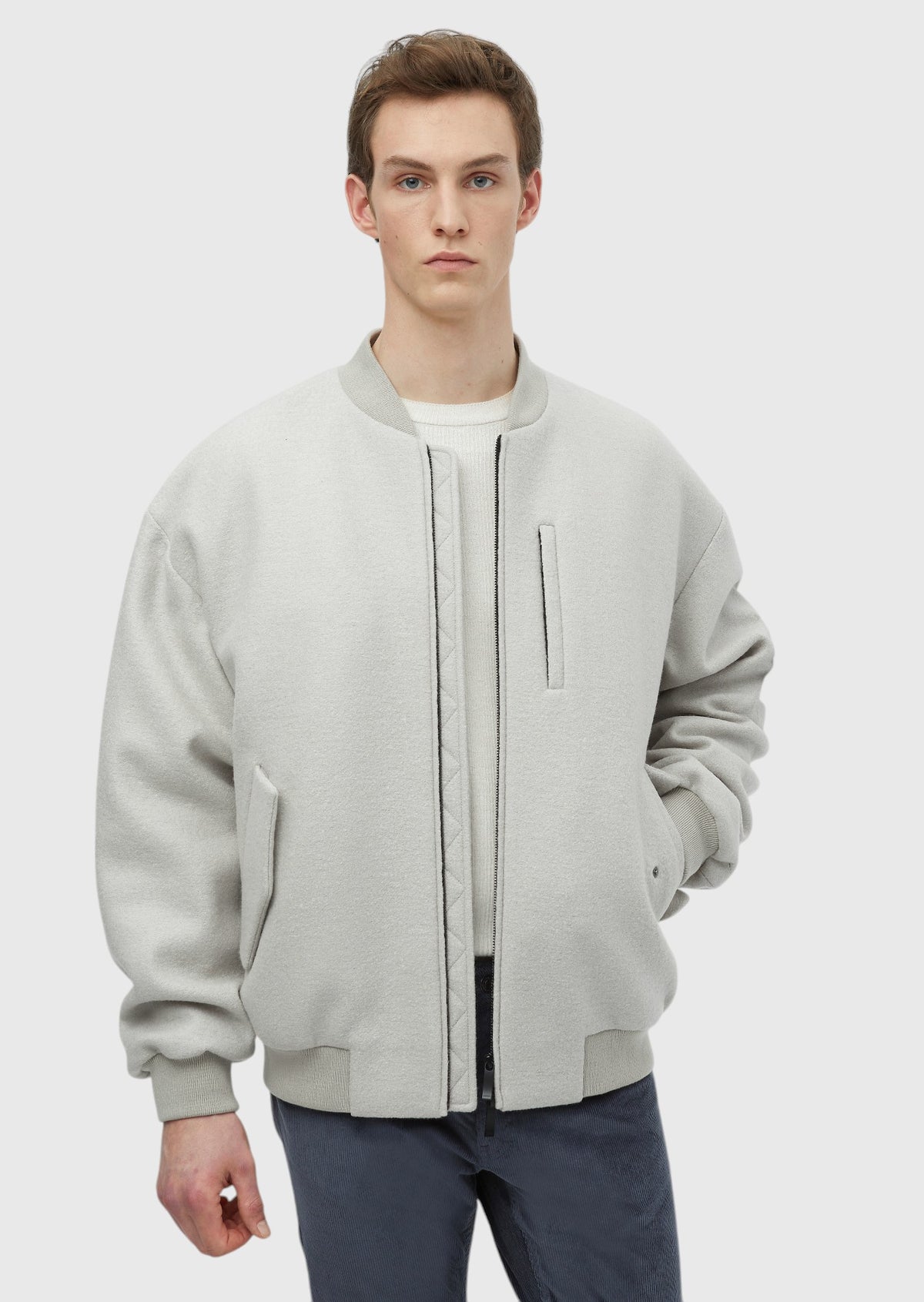 Ekru Oversize Fit Dik Yaka Dokuma Mont