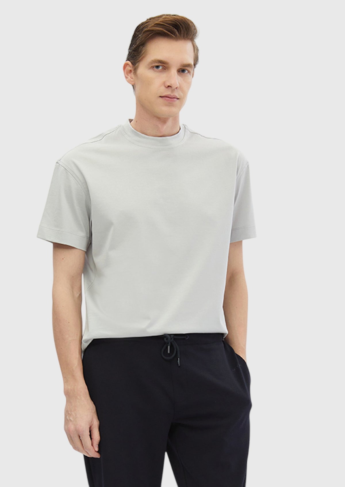 Açık Gri Düz Bisiklet Yaka %100 Pamuk T-Shirt