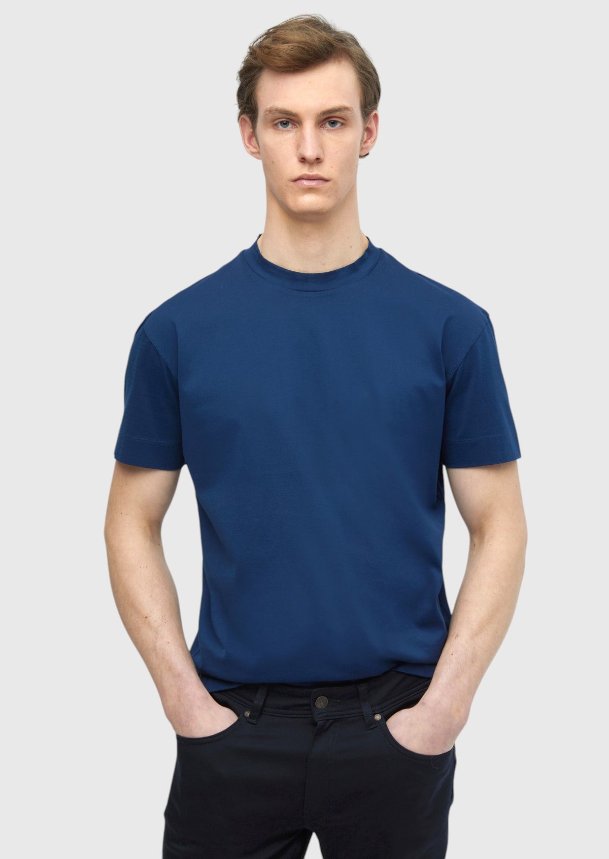 İndigo Düz Bisiklet Yaka %100 Pamuk T-Shirt