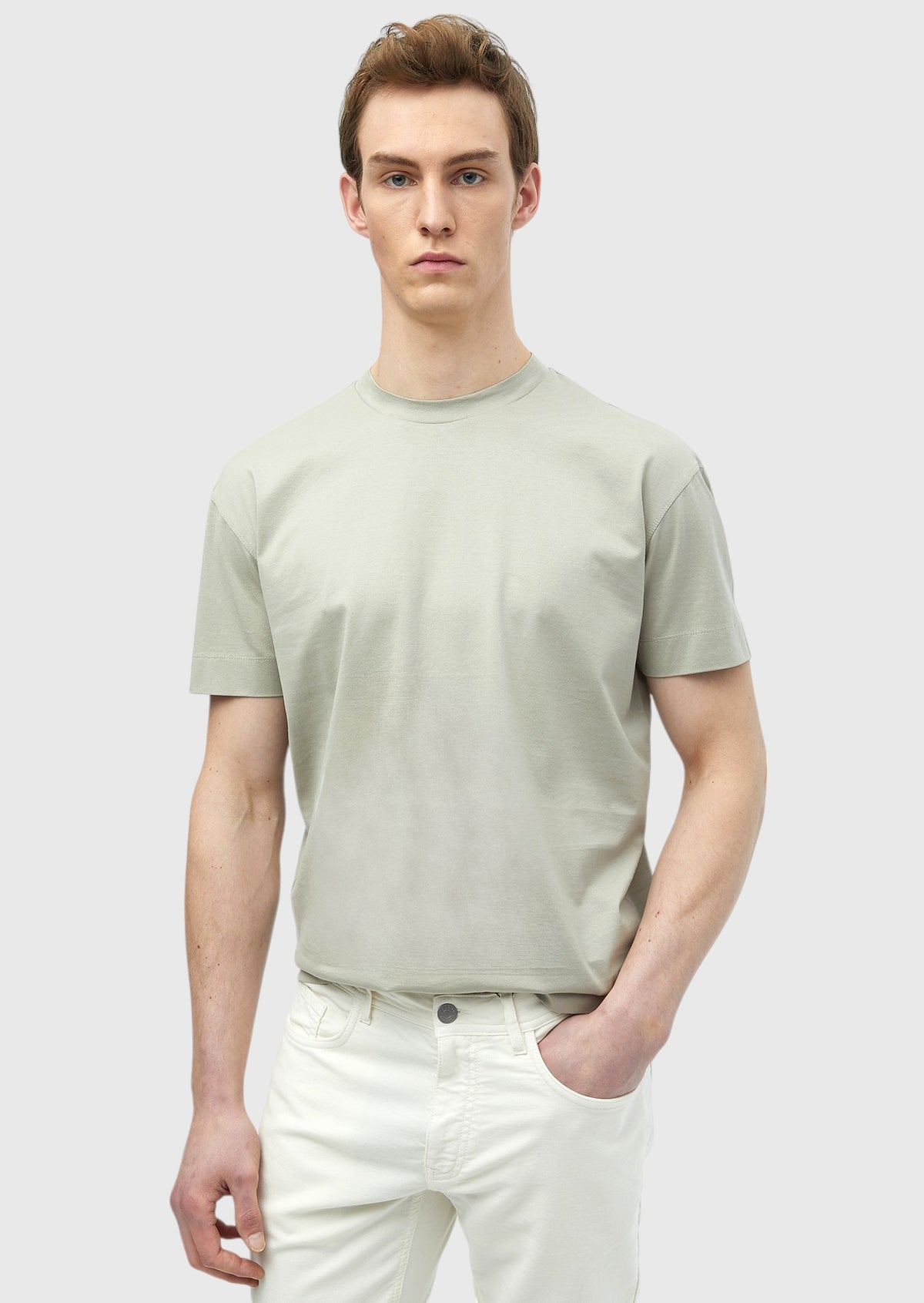 Bej Düz Bisiklet Yaka %100 Pamuk T-Shirt