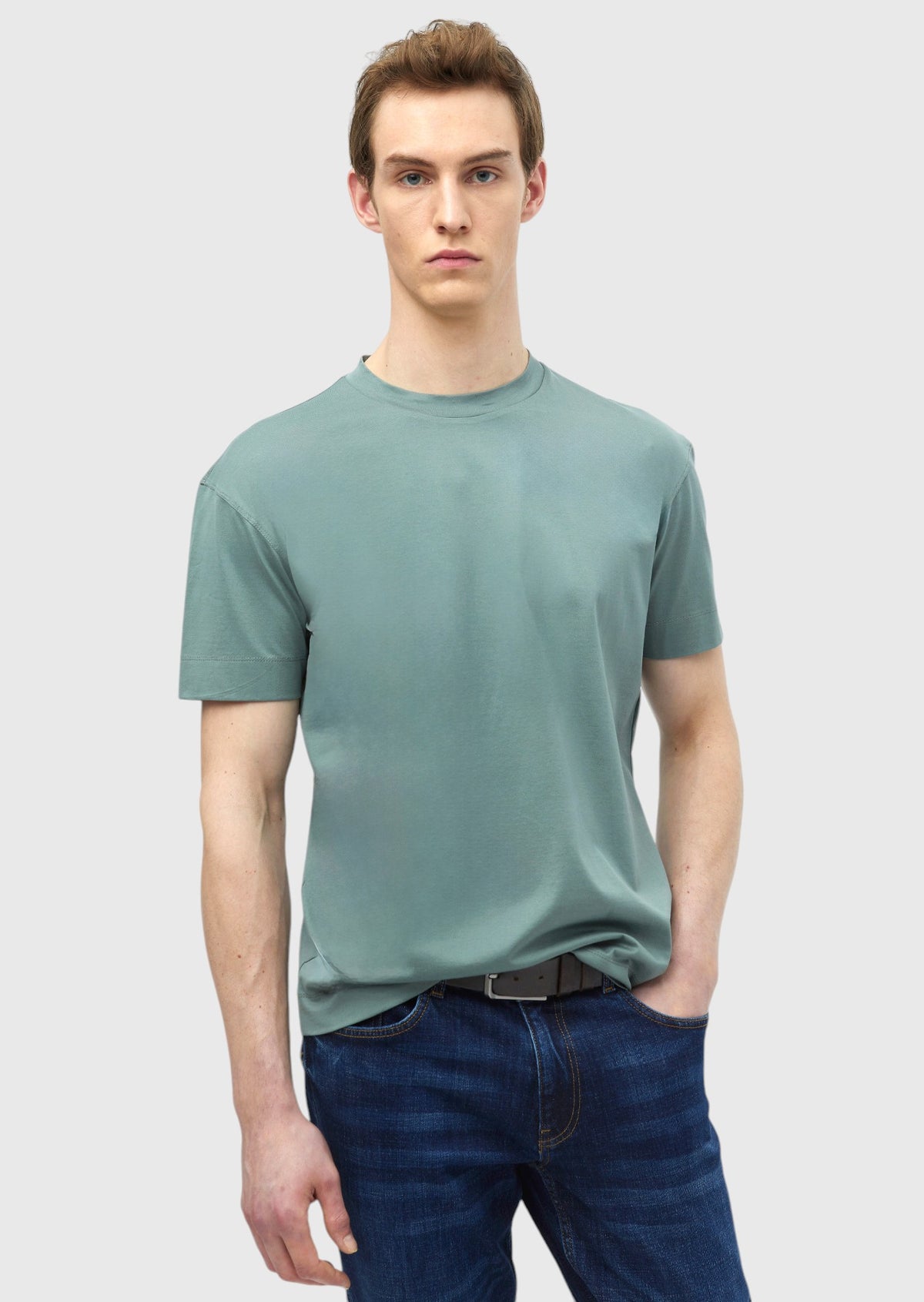 Küf Yeşili Düz Bisiklet Yaka %100 Pamuk T-Shirt