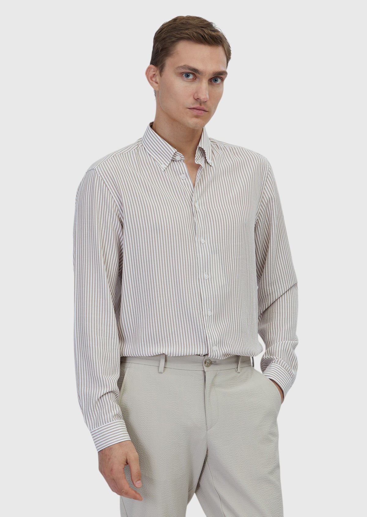 Bej Çizgili Casual Fit Uzun Dokuma Casual Gömlek