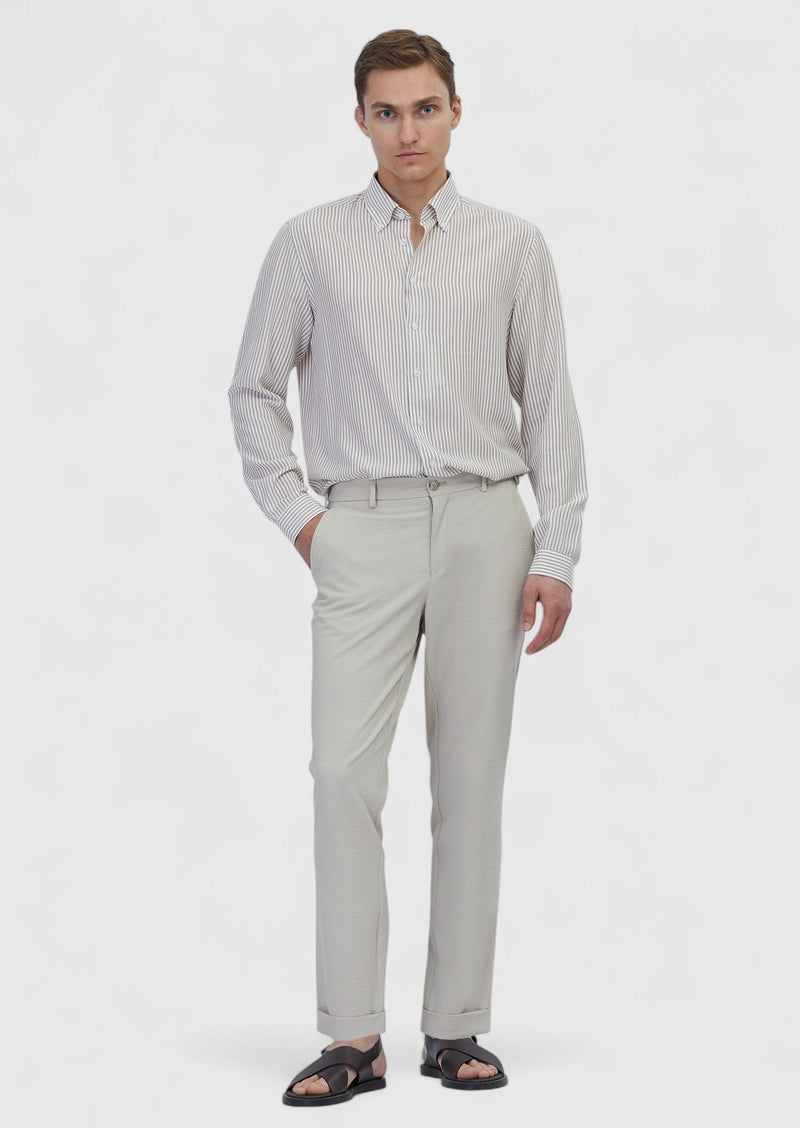 Bej Çizgili Casual Fit Uzun Dokuma Casual Gömlek