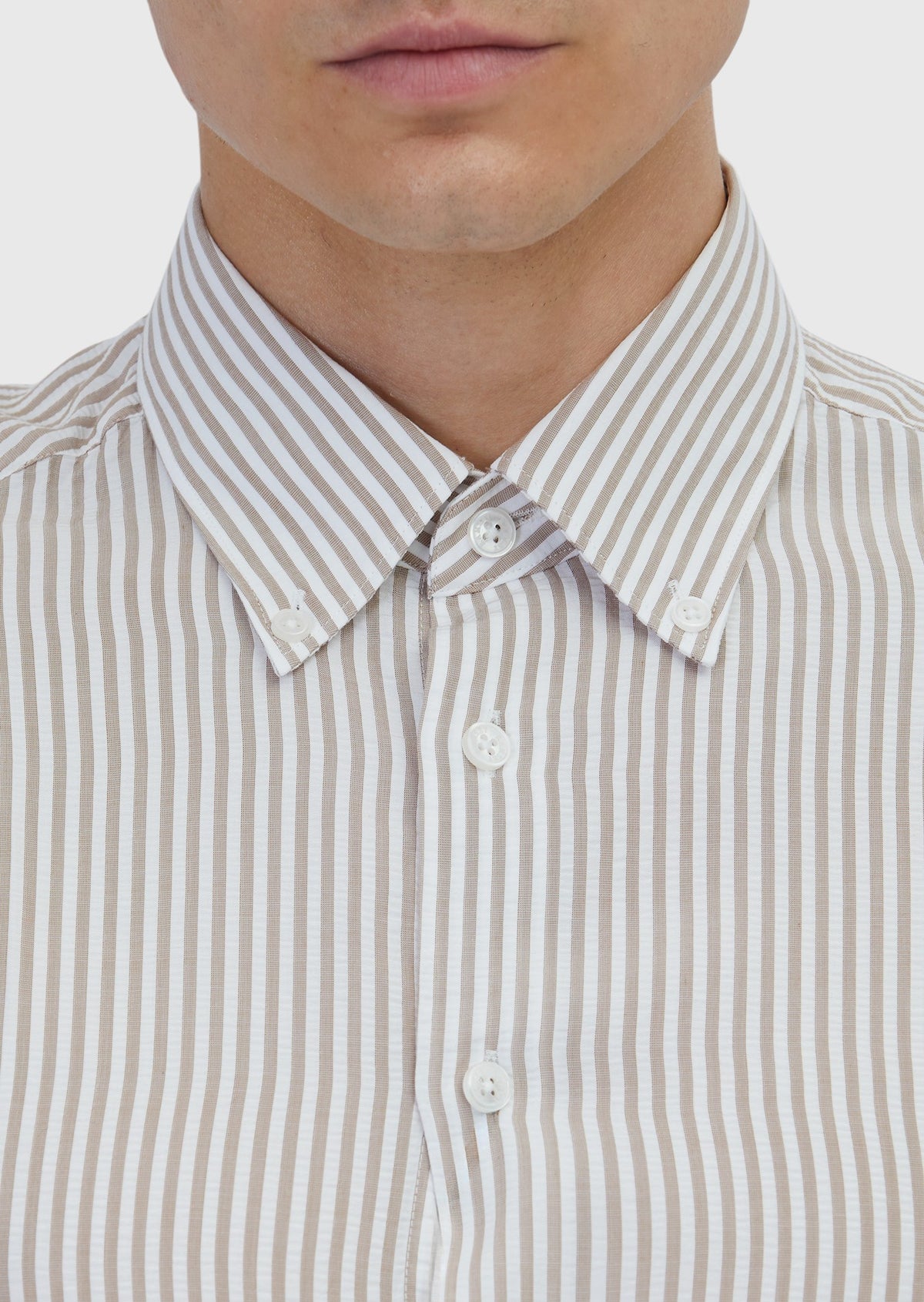 Bej Çizgili Casual Fit Uzun Dokuma Casual Gömlek
