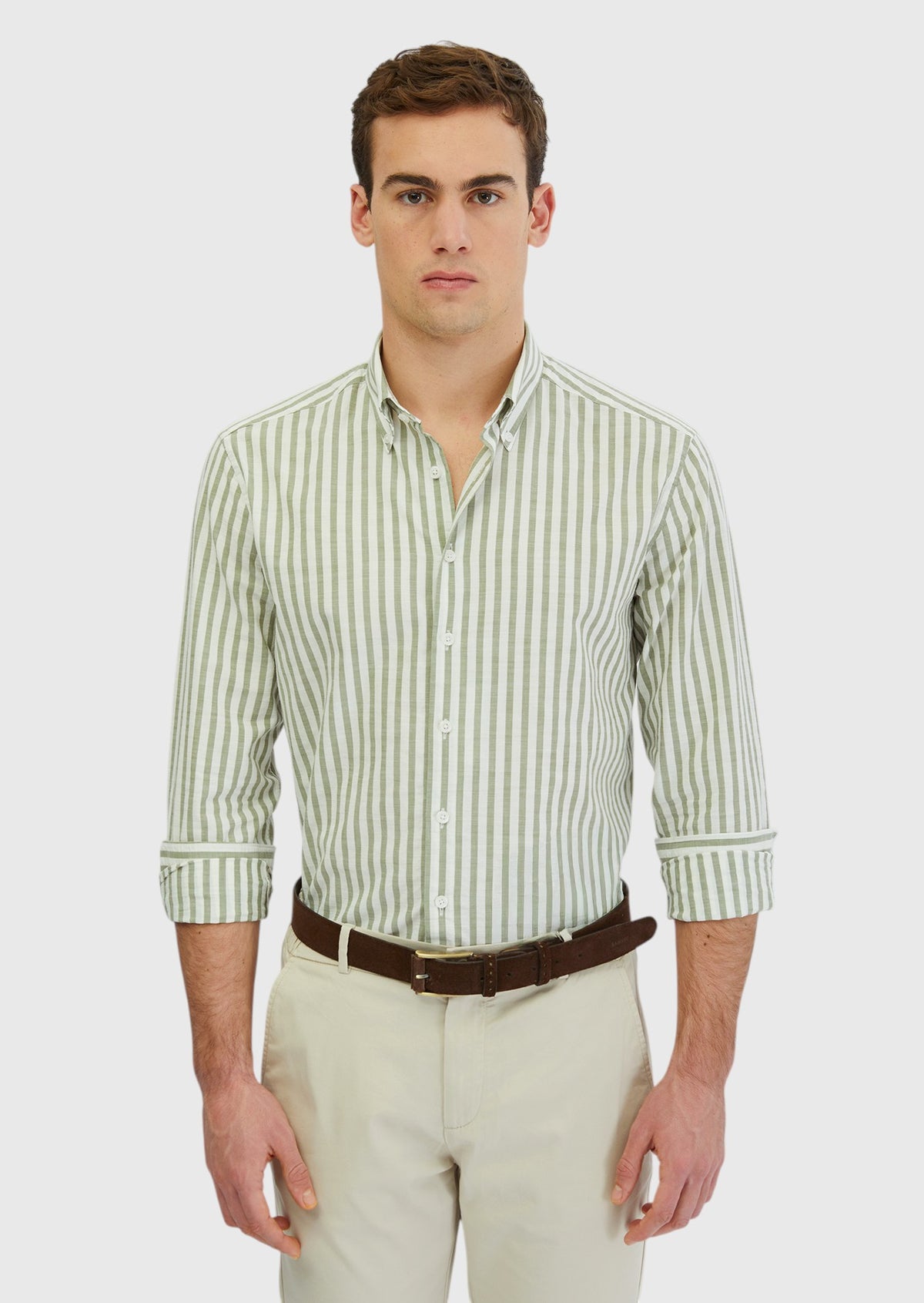 Light Green Striped Casual Fit Long Weaving Casual 100% Cotton Shirt