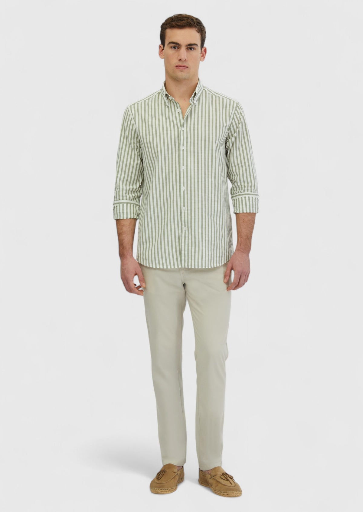 Açık Yeşil Çizgili Casual Fit Uzun Dokuma Casual %100 Pamuk Gömlek