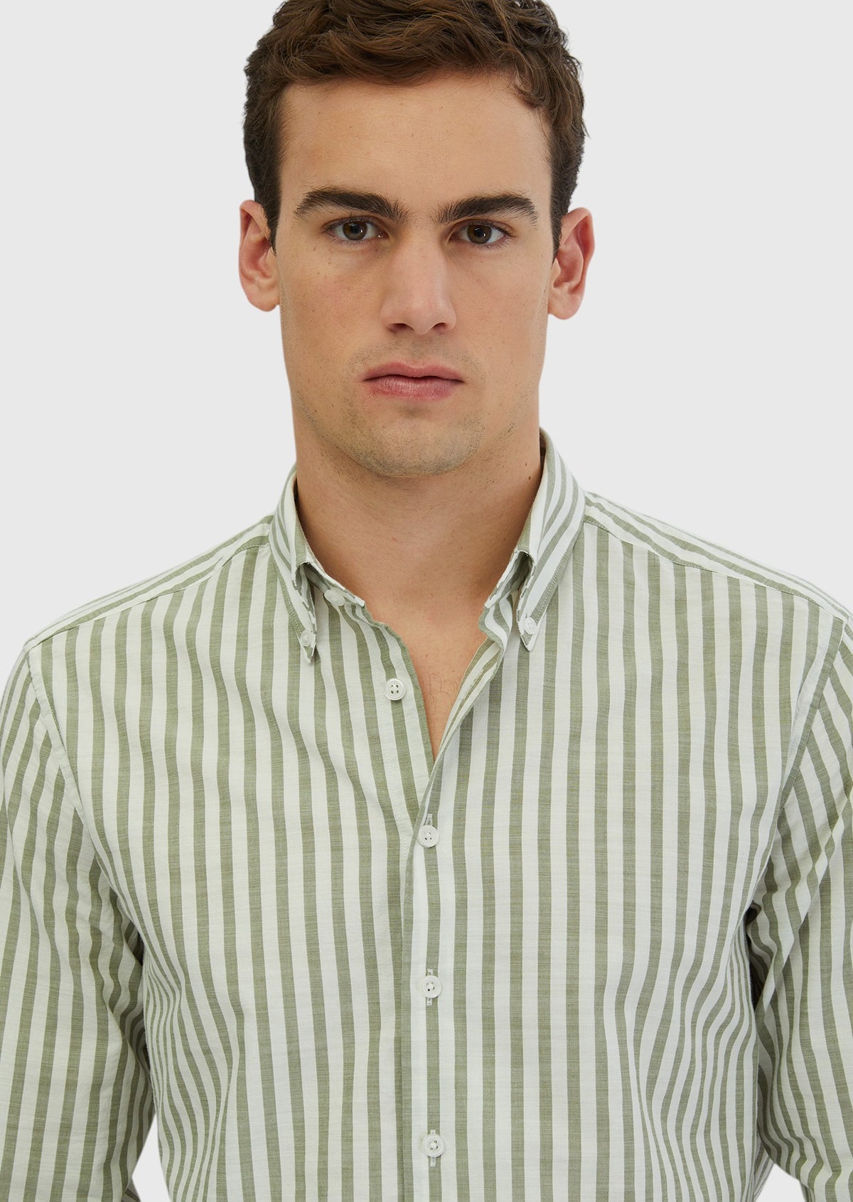 Açık Yeşil Çizgili Casual Fit Uzun Dokuma Casual %100 Pamuk Gömlek