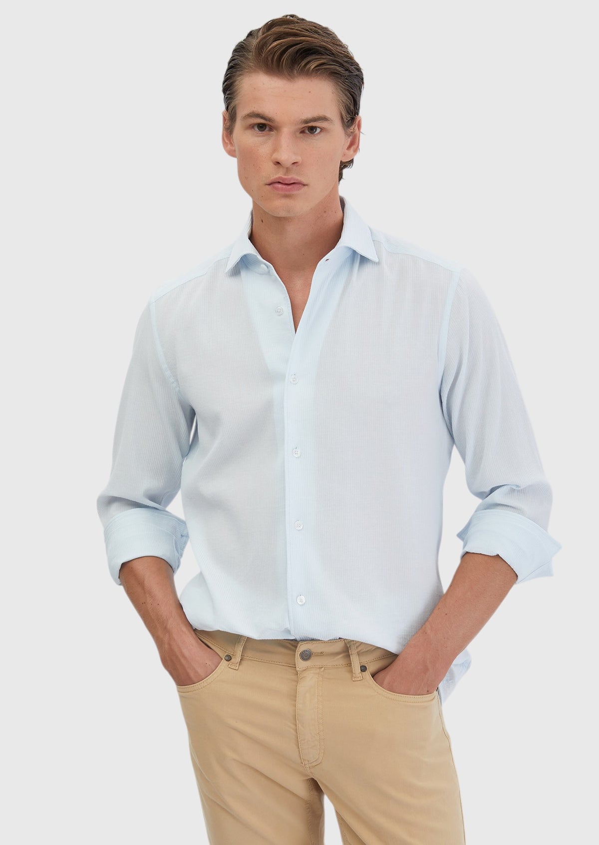 Açık Mavi Düz Casual Fit Uzun Dokuma Casual %100 Pamuk Gömlek