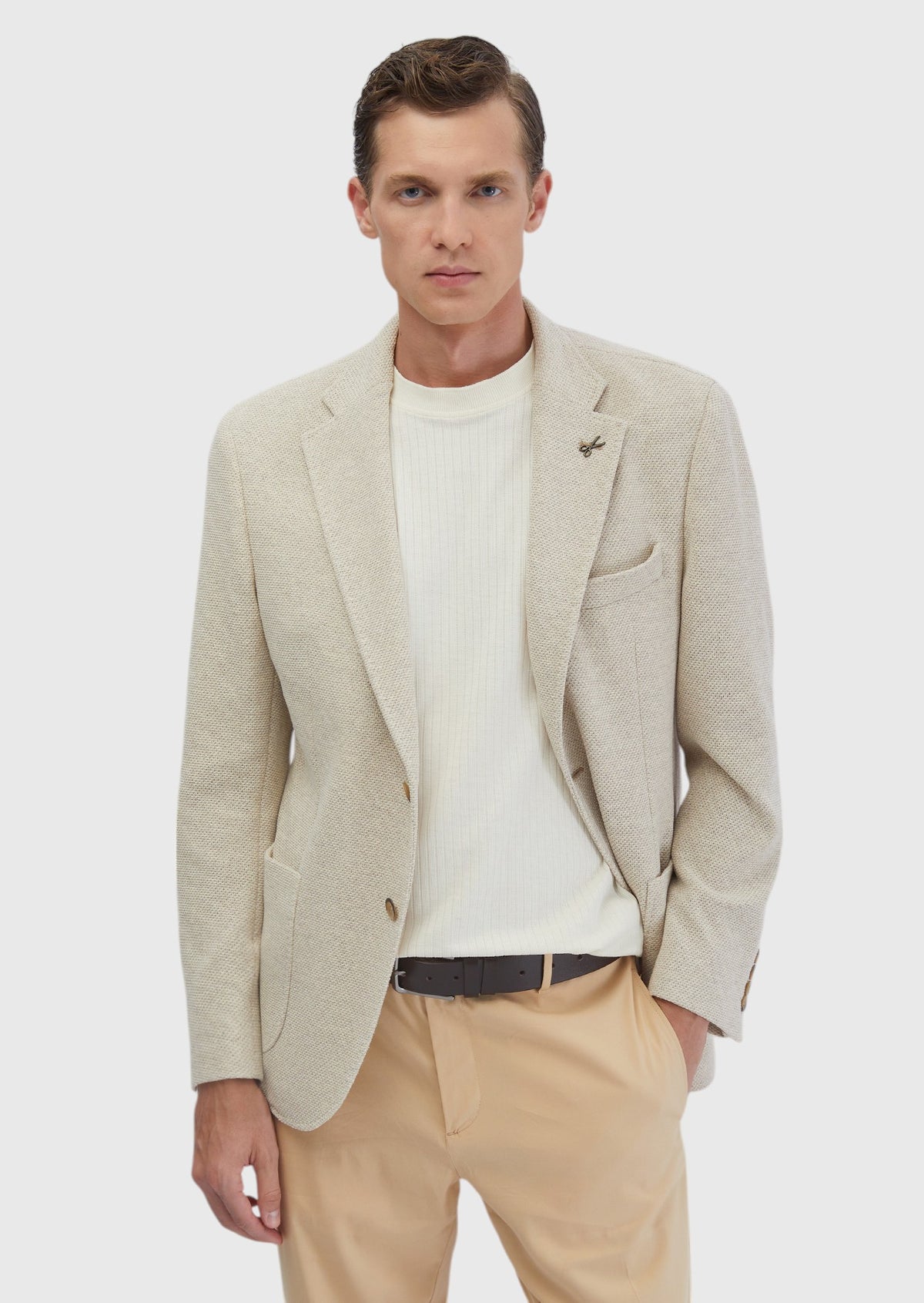 Bej Düz Shirt Shoulder Slim Fit Pamuk Karışımlı Örme Ceket