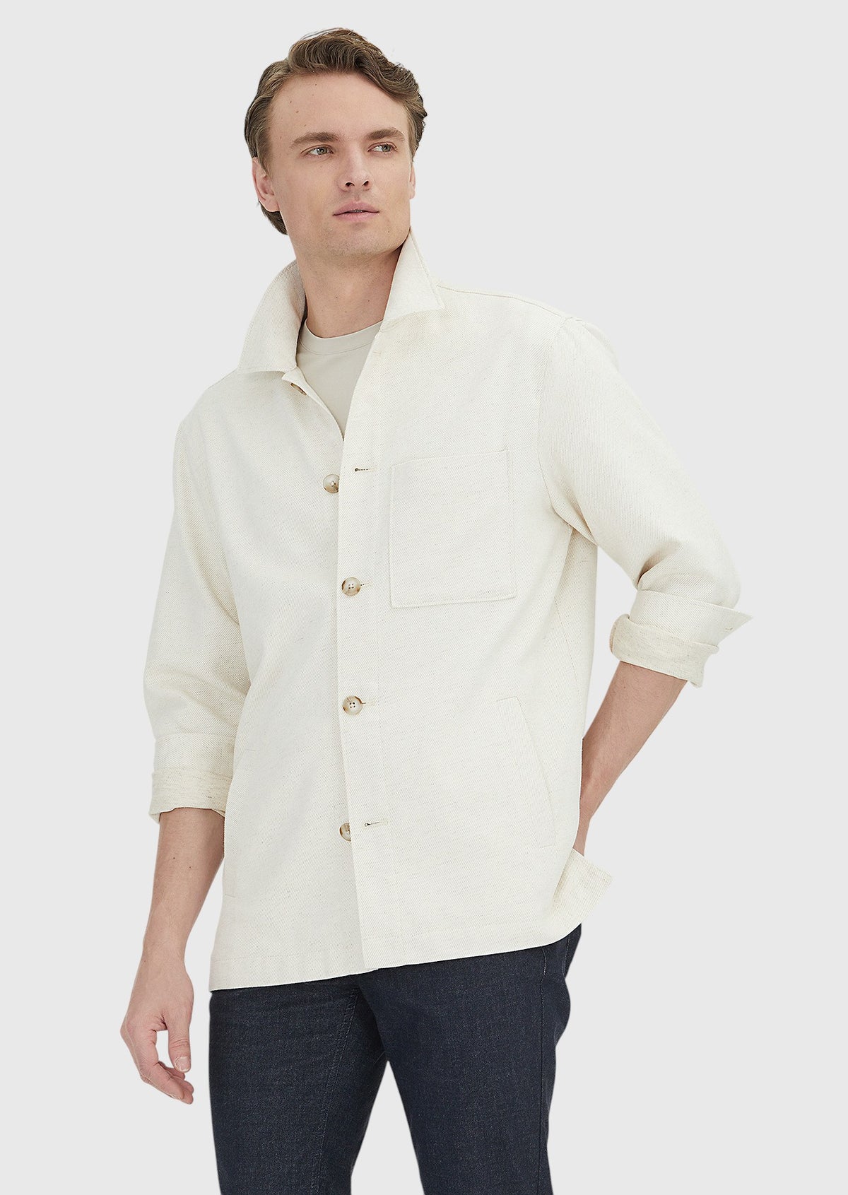 Bej Düz Casual Fit Uzun Dokuma Pamuk Karışımlı Overshirt