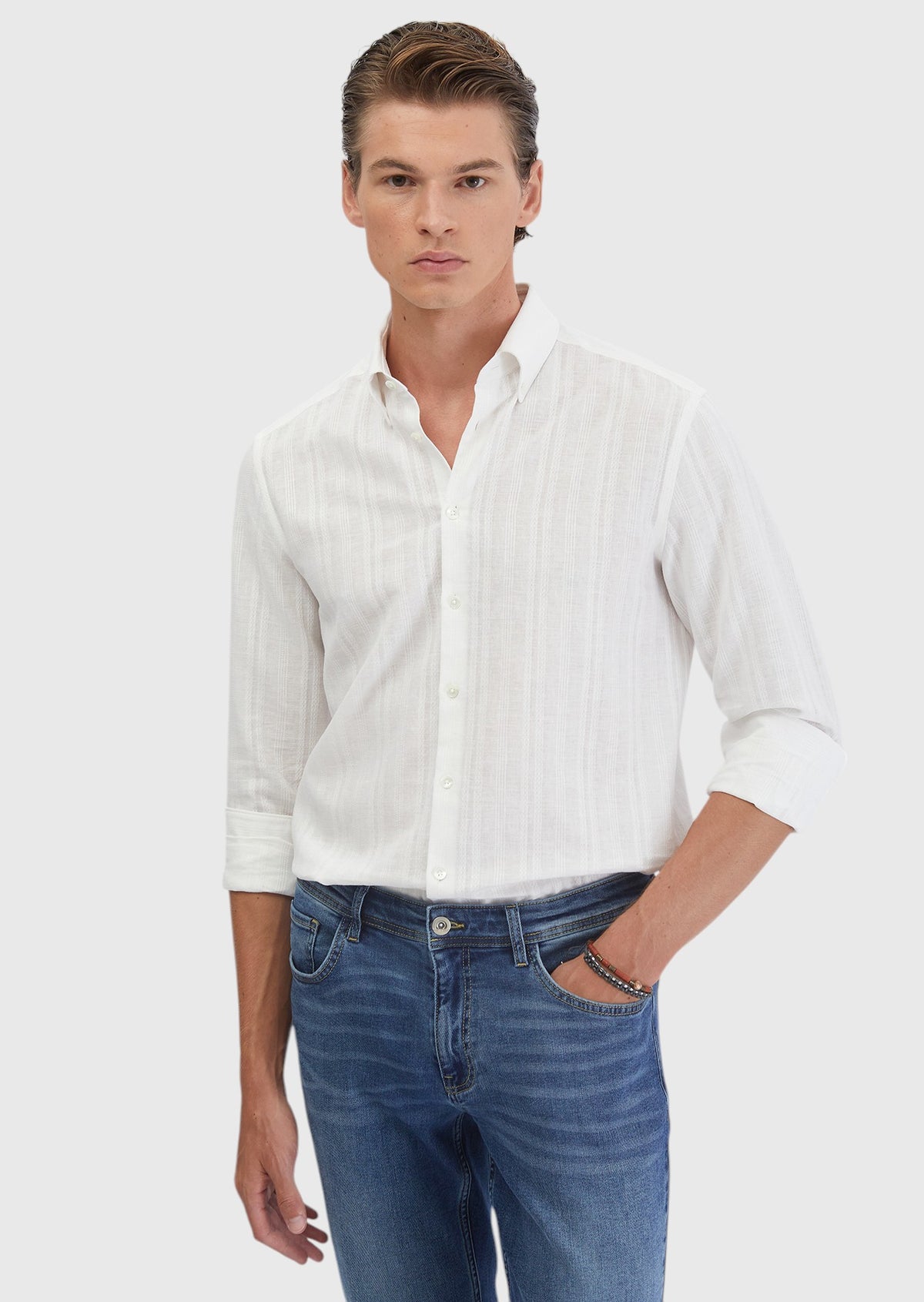 Beyaz Düz Casual Fit Uzun Dokuma Casual Pamuk Karışımlı Gömlek