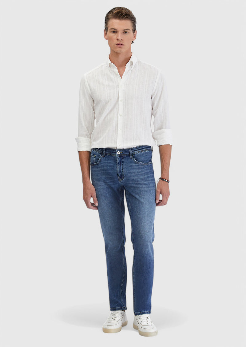 Beyaz Düz Casual Fit Uzun Dokuma Casual Pamuk Karışımlı Gömlek