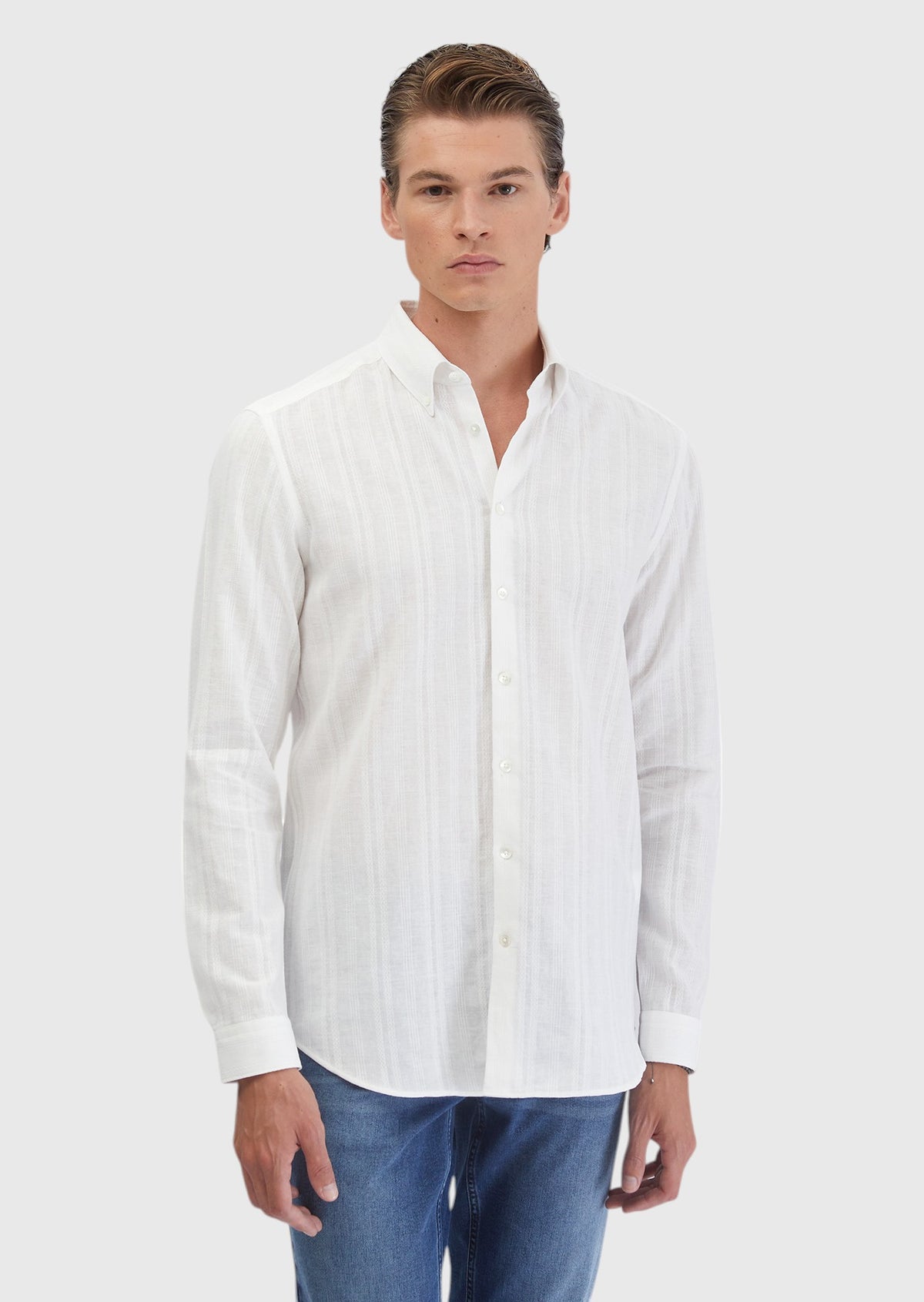 Beyaz Düz Casual Fit Uzun Dokuma Casual Pamuk Karışımlı Gömlek
