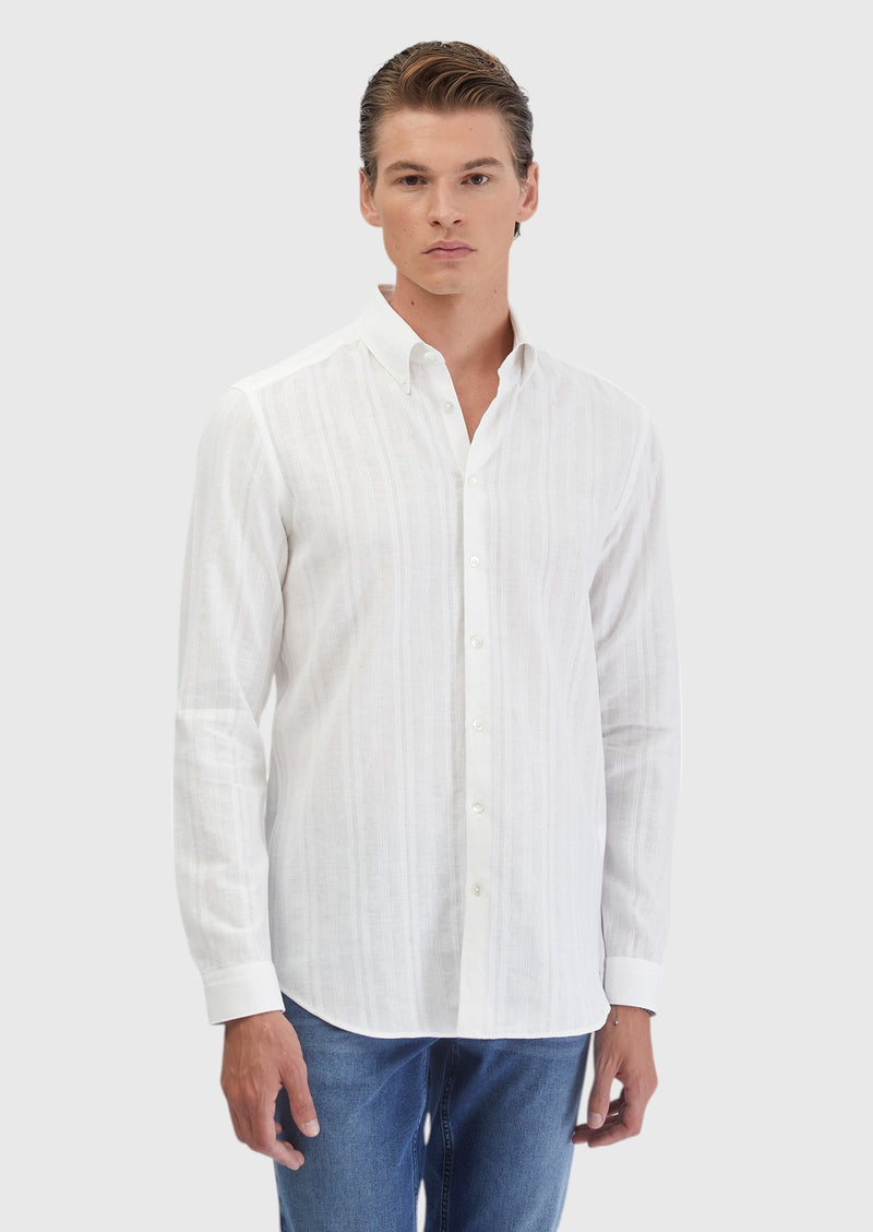 Beyaz Düz Casual Fit Uzun Dokuma Casual Pamuk Karışımlı Gömlek