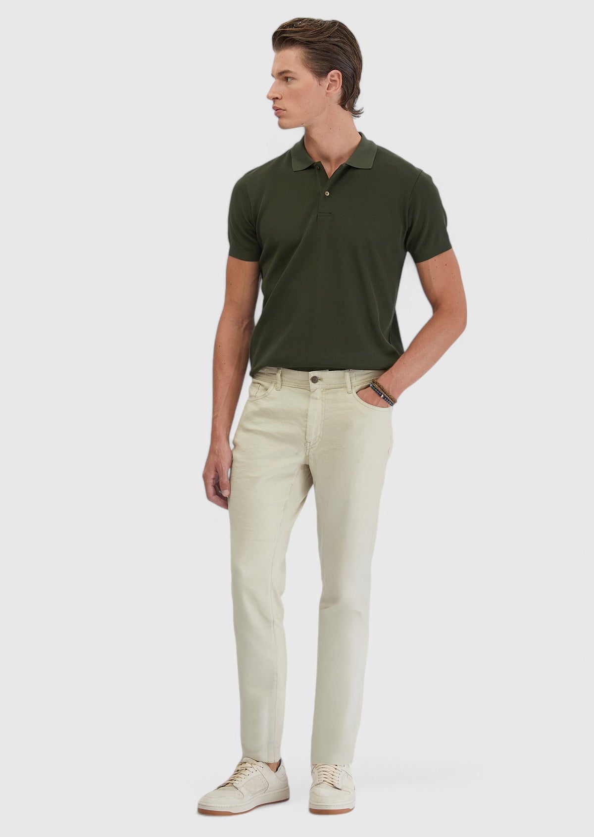 Bej Düz Dokuma Slim Fit Casual Keten Karışımlı Pantolon