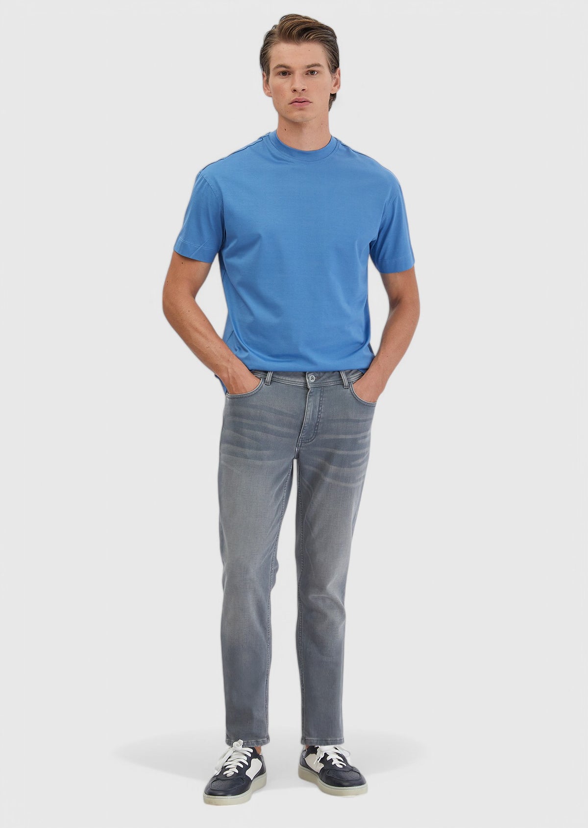 Grey Slim Fit Denim Cotton Blended Trousers
