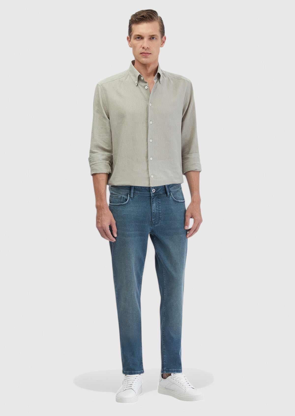 Mavi Düz Slim Fit Denim Pamuk Karışımlı Pantolon