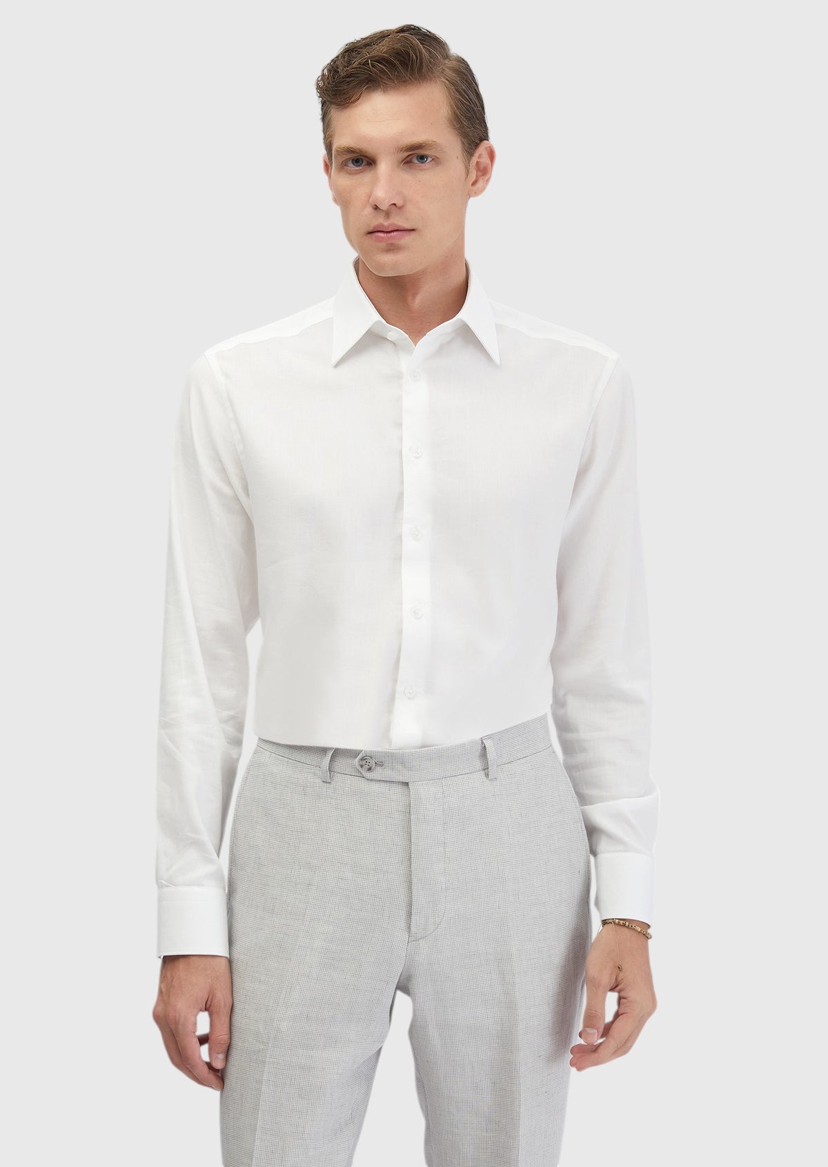 White Plain Regular Fit Long Weaving Classical Cotton Blended Shirt