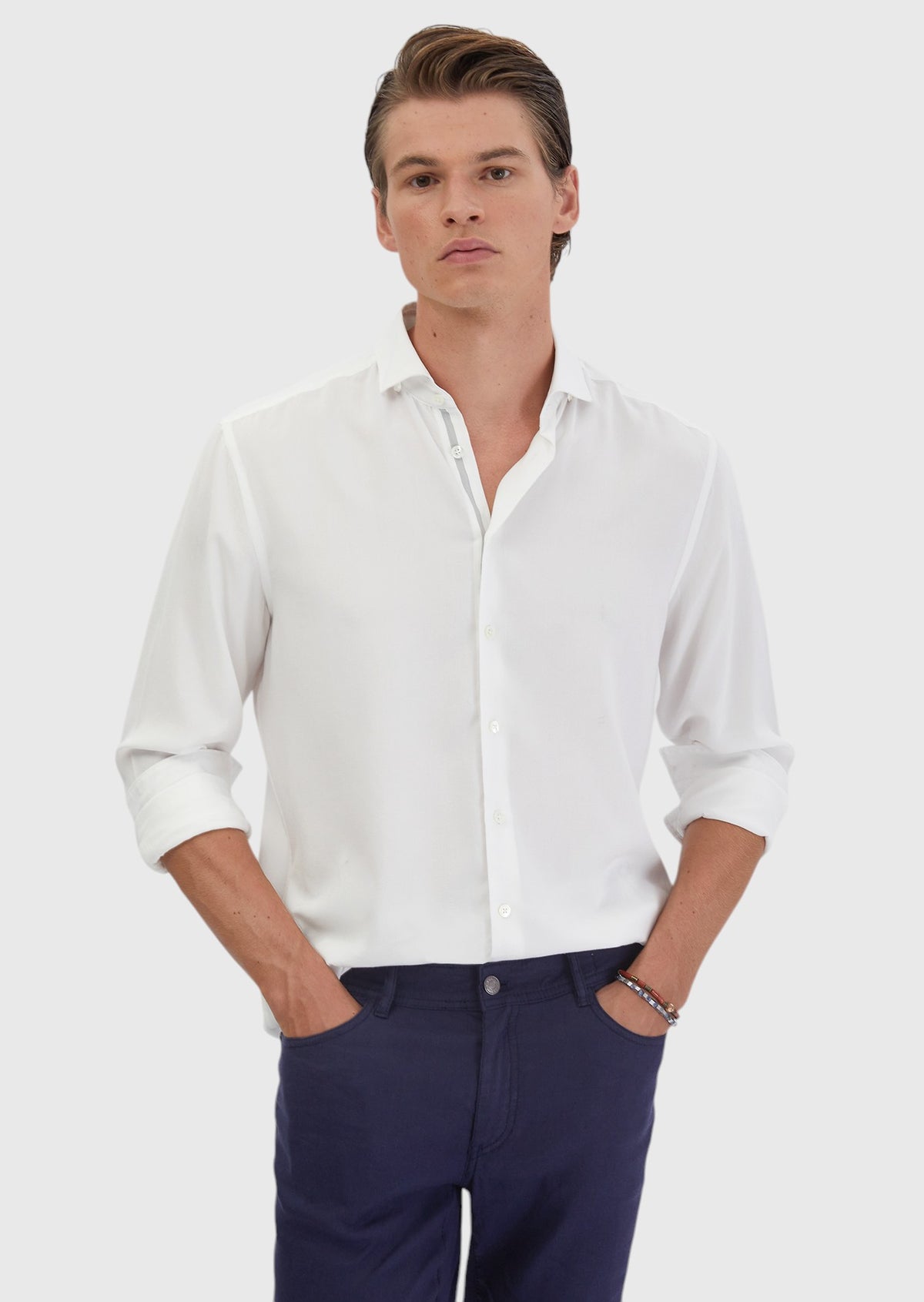 Beyaz Düz Casual Fit Uzun Dokuma Casual Gömlek