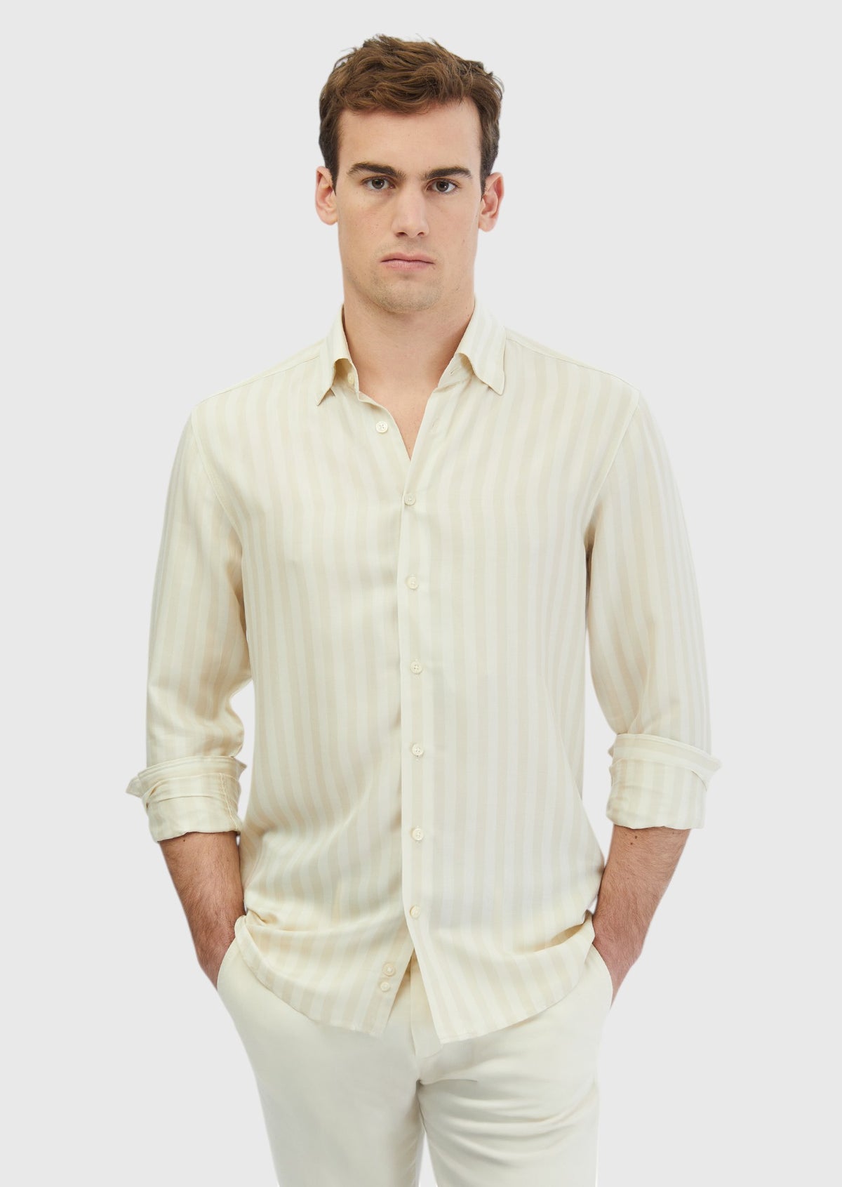 Ekru Çizgili Casual Fit Uzun Dokuma Casual Gömlek