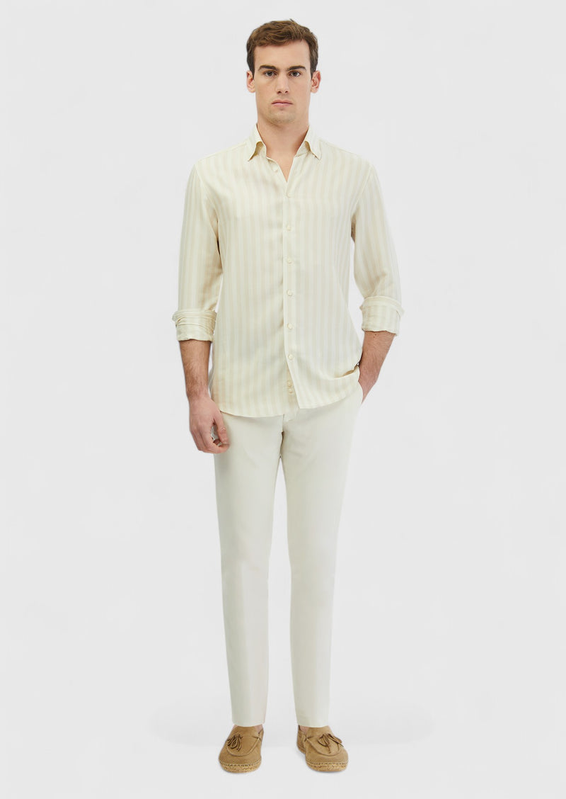 Ekru Çizgili Casual Fit Uzun Dokuma Casual Gömlek