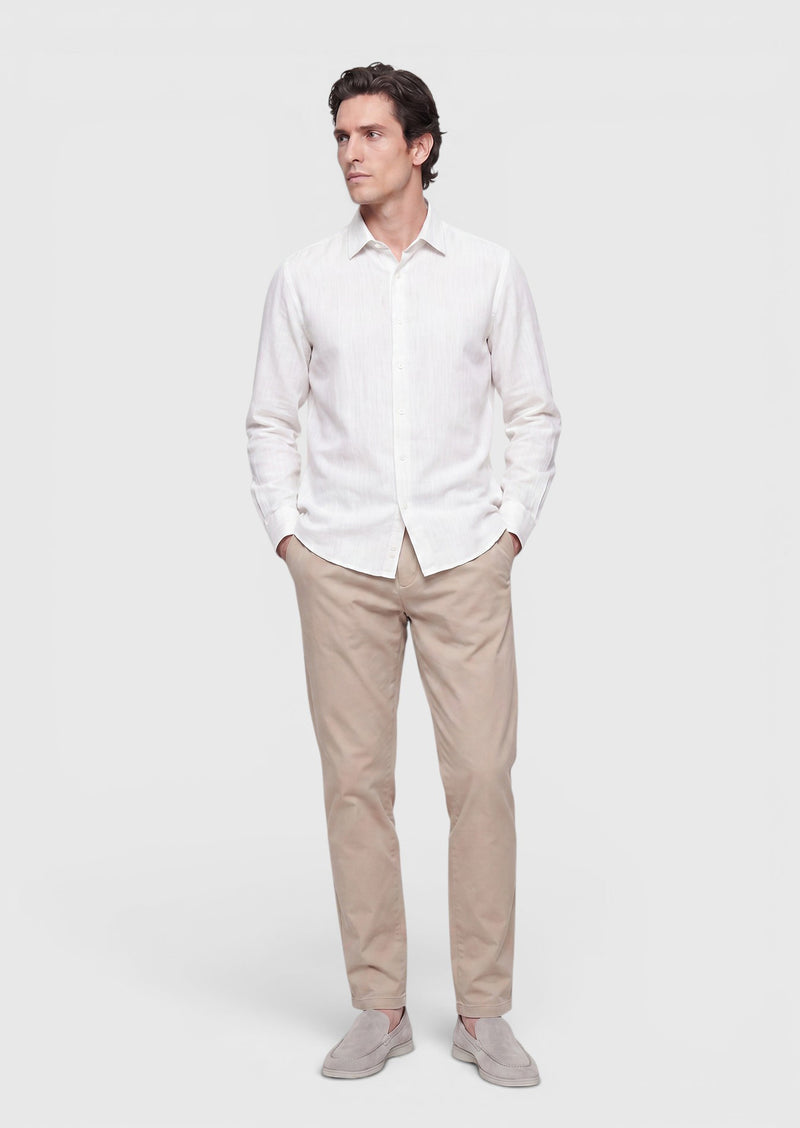 Ekru Çizgili Casual Fit Uzun Dokuma Casual Pamuk Karışımlı Gömlek