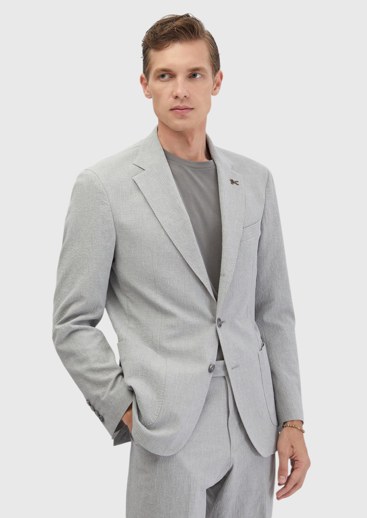 Light Grey Patterned Zeroweight Slim Fit Cotton Blended Suit
