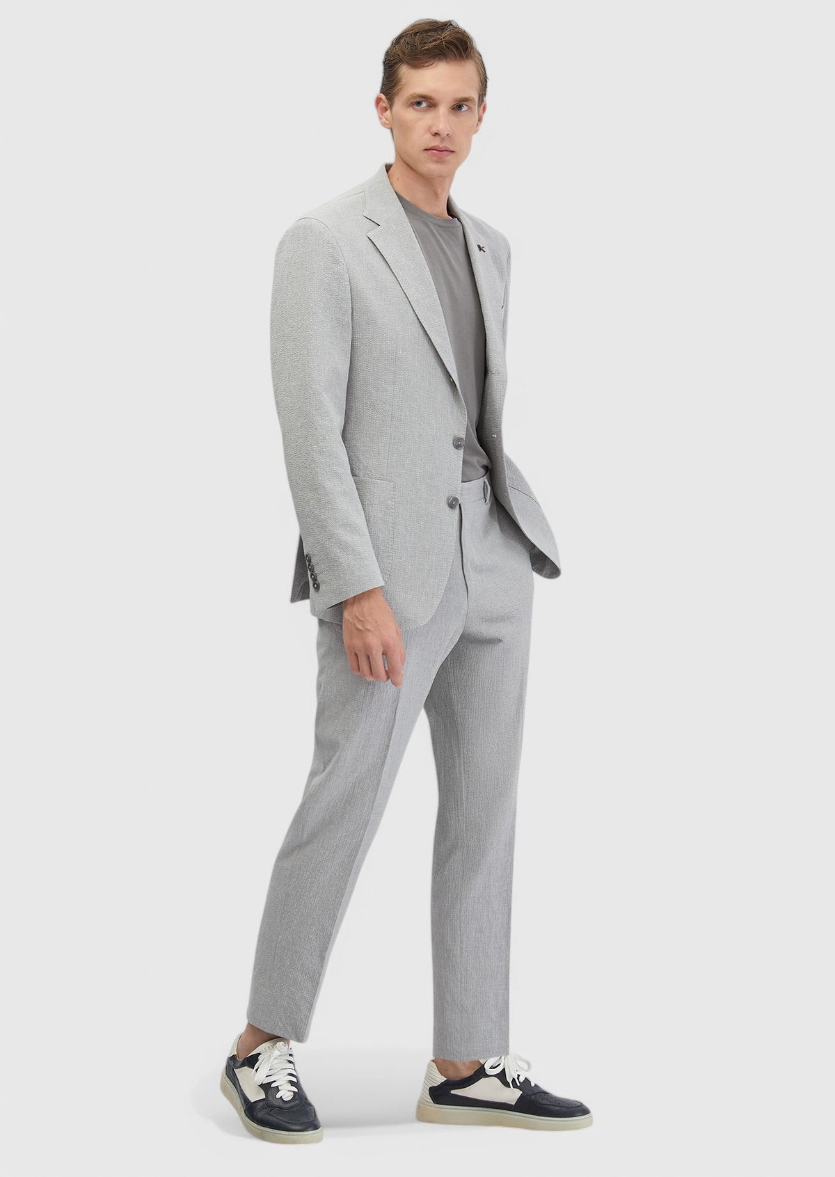 Açık Gri Desenli Zeroweight Slim Fit Pamuk Karışımlı Takım Elbise