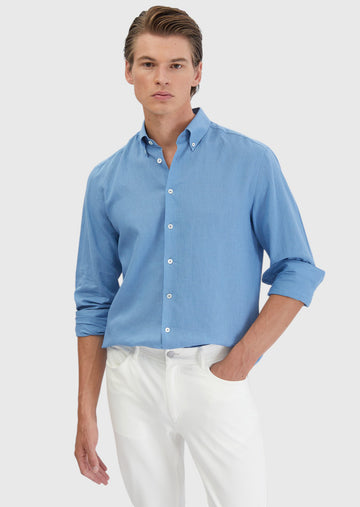 Mavi Düz Casual Fit Uzun Dokuma Casual Pamuk Karışımlı Gömlek