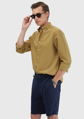 Yağ Yeşili Düz Casual Fit Uzun Dokuma Casual Pamuk Karışımlı Gömlek
