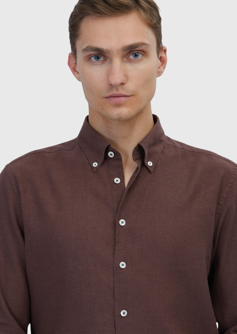 Kiremit Düz Casual Fit Uzun Dokuma Casual Pamuk Karışımlı Gömlek