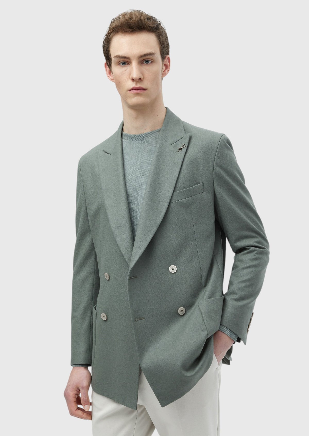 Açık Yeşil Düz Shirt Shoulder Slim Fit Yün Karışımlı Ceket