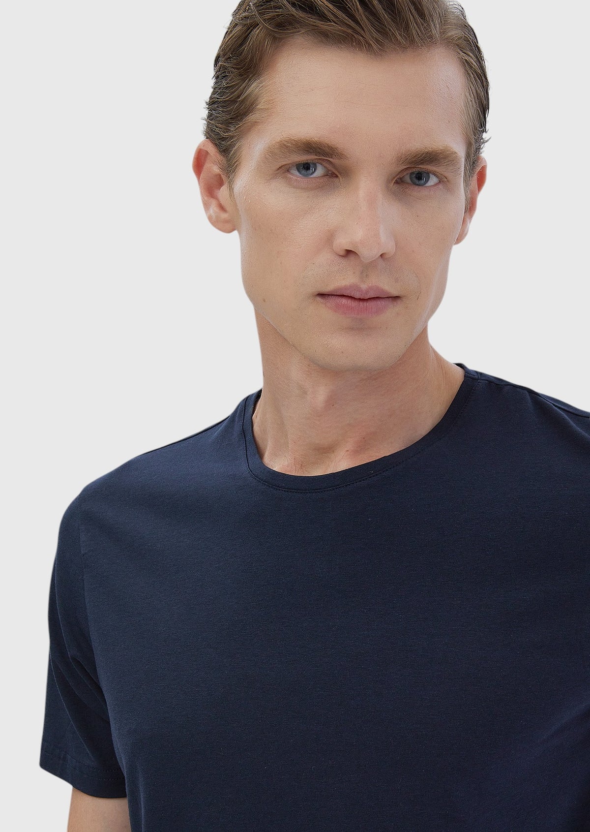 Lacivert Düz Pamuk Karışımlı T-Shirt