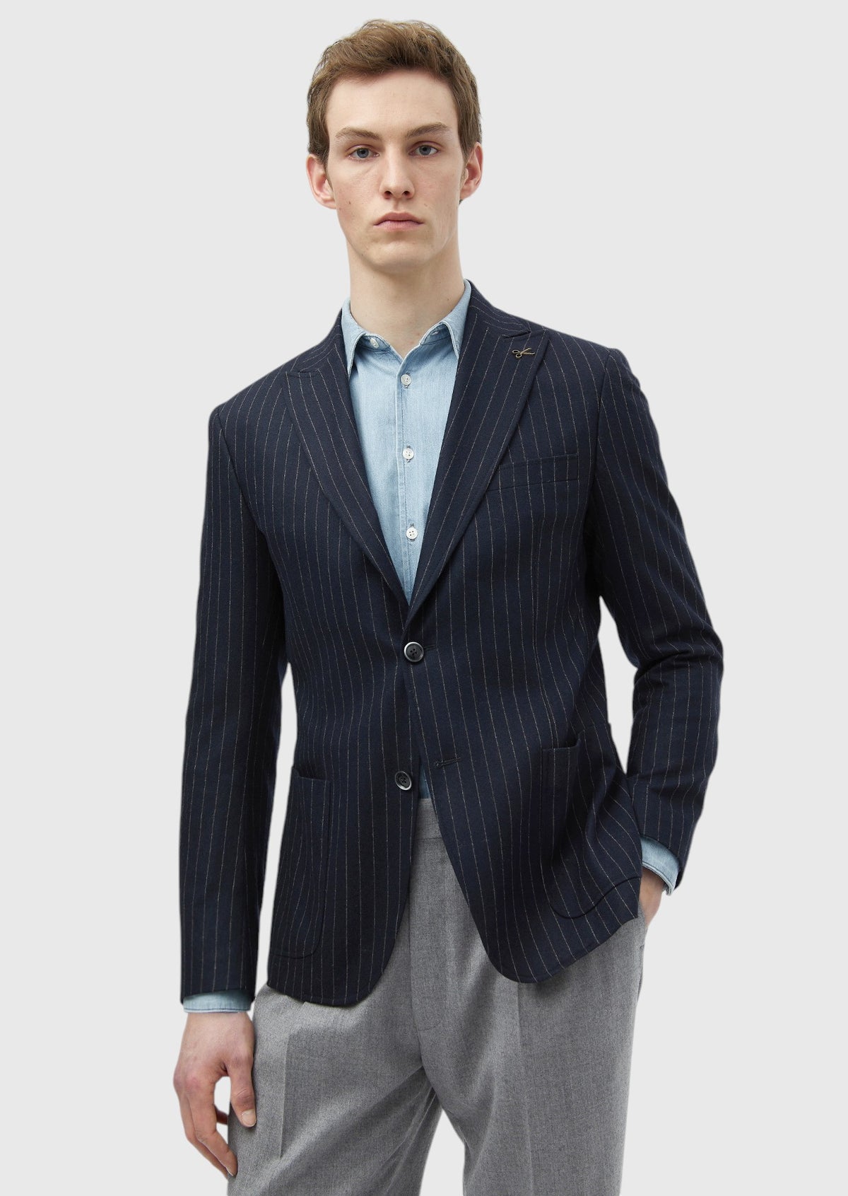 Lacivert Çizgili Zeroweight Slim Fit Yün Karışımlı Ceket