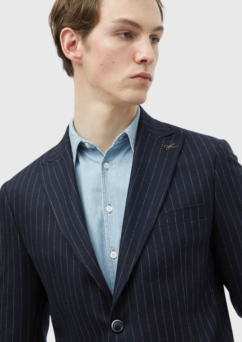 Lacivert Çizgili Zeroweight Slim Fit Yün Karışımlı Ceket