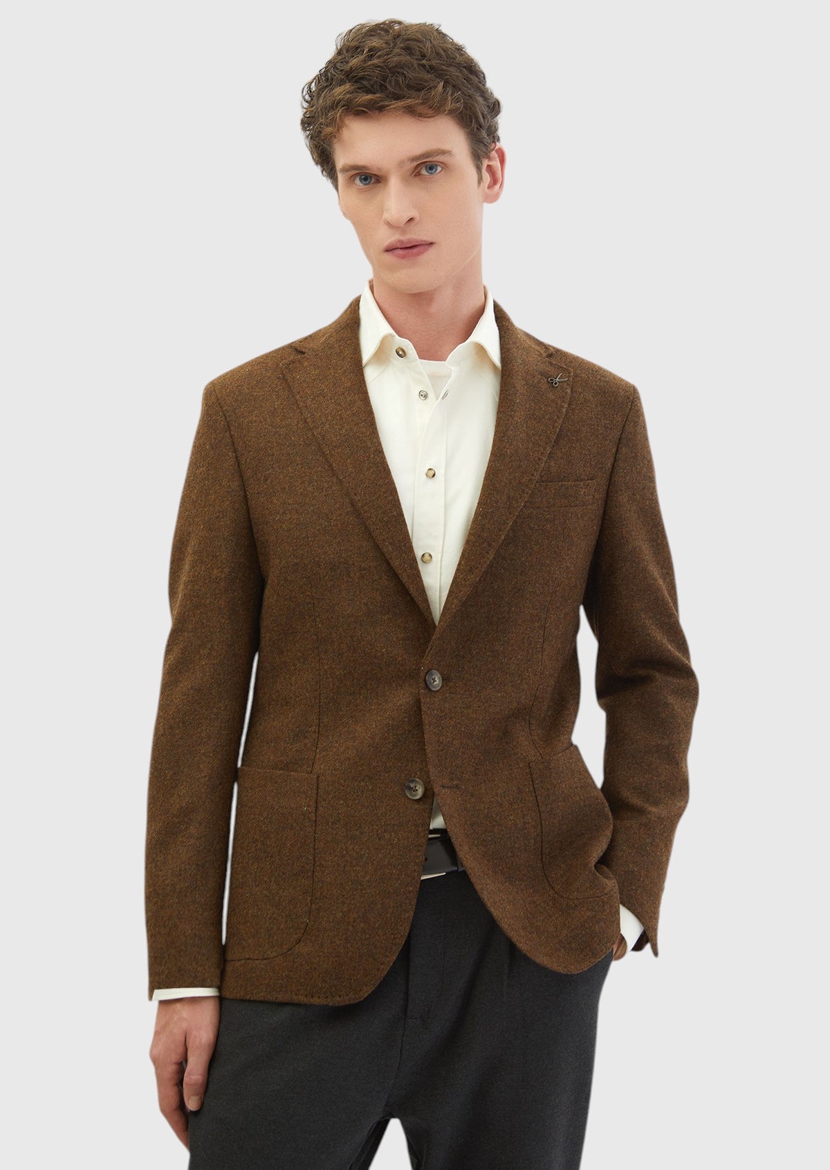 Kahverengi Düz Shirt Shoulder Slim Fit %100 Yün Ceket