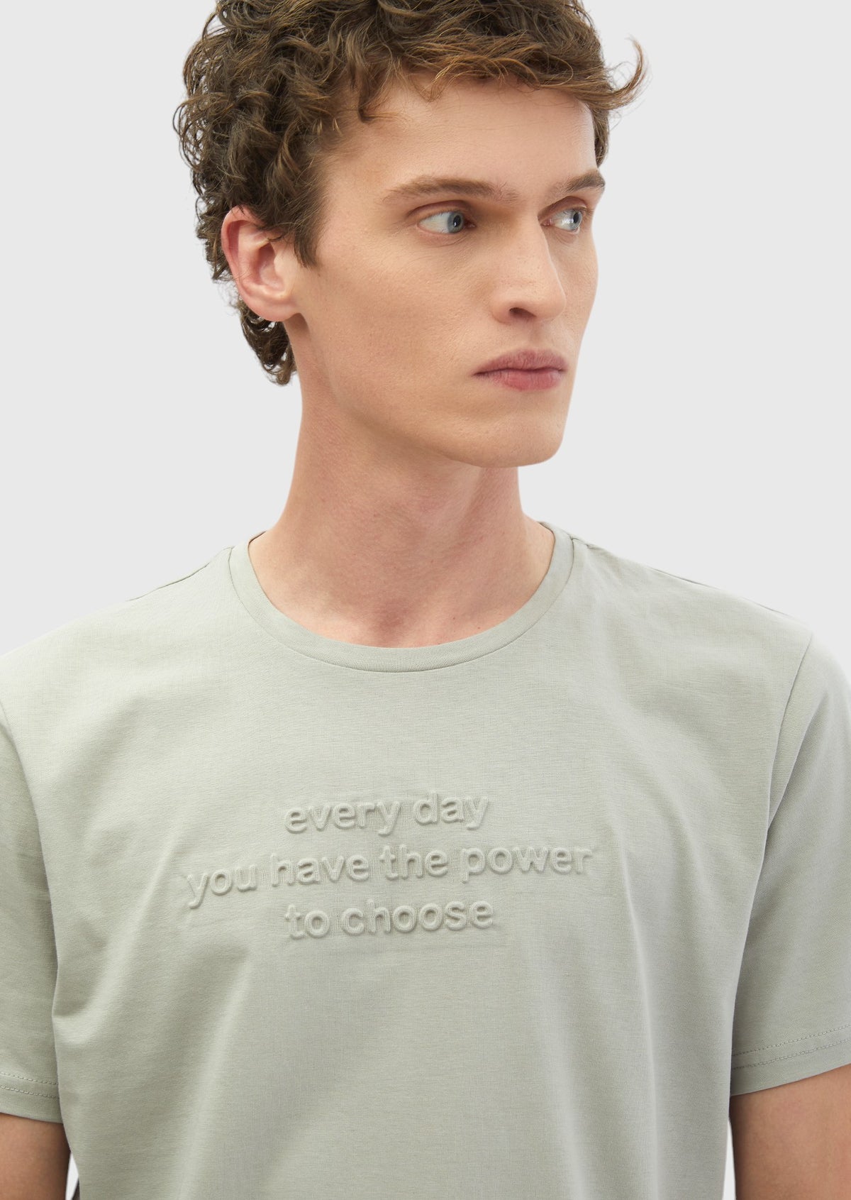 Açık Gri Baskılı Bisiklet Yaka %100 Pamuk T-Shirt