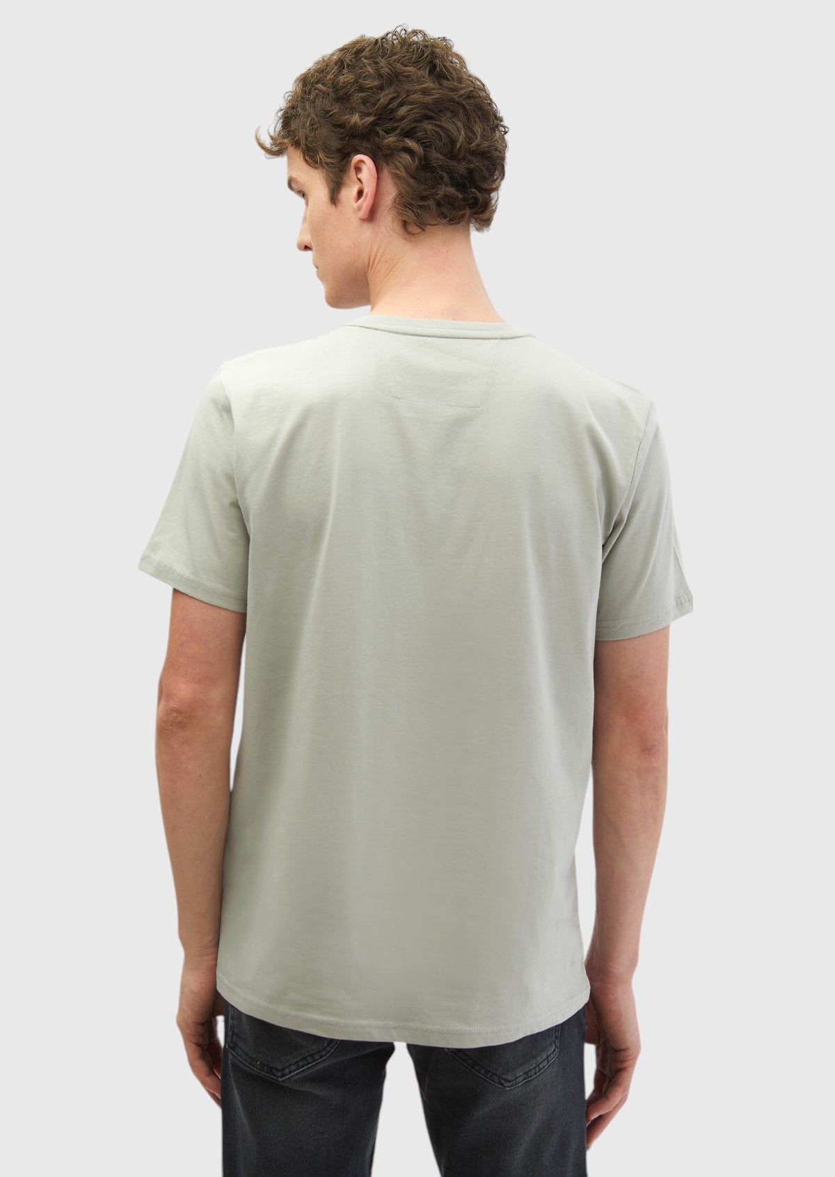 Açık Gri Baskılı Bisiklet Yaka %100 Pamuk T-Shirt