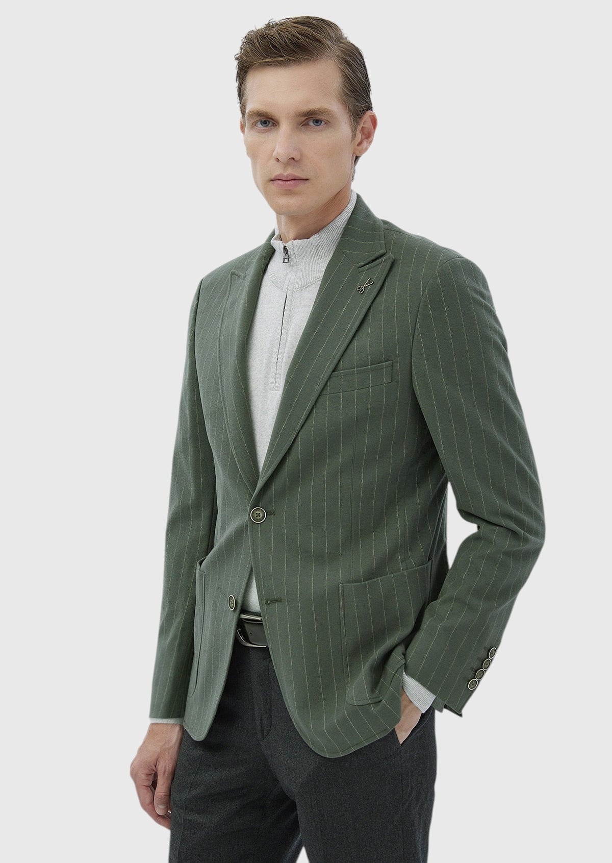 Açık Yeşil Çizgili Zeroweight Slim Fit Pamuk Karışımlı Ceket