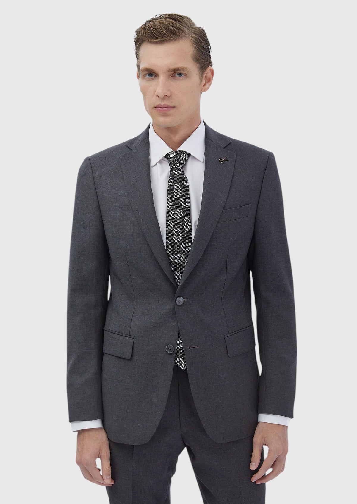 Gri Düz Modern Fit %100 Yün Takım Elbise
