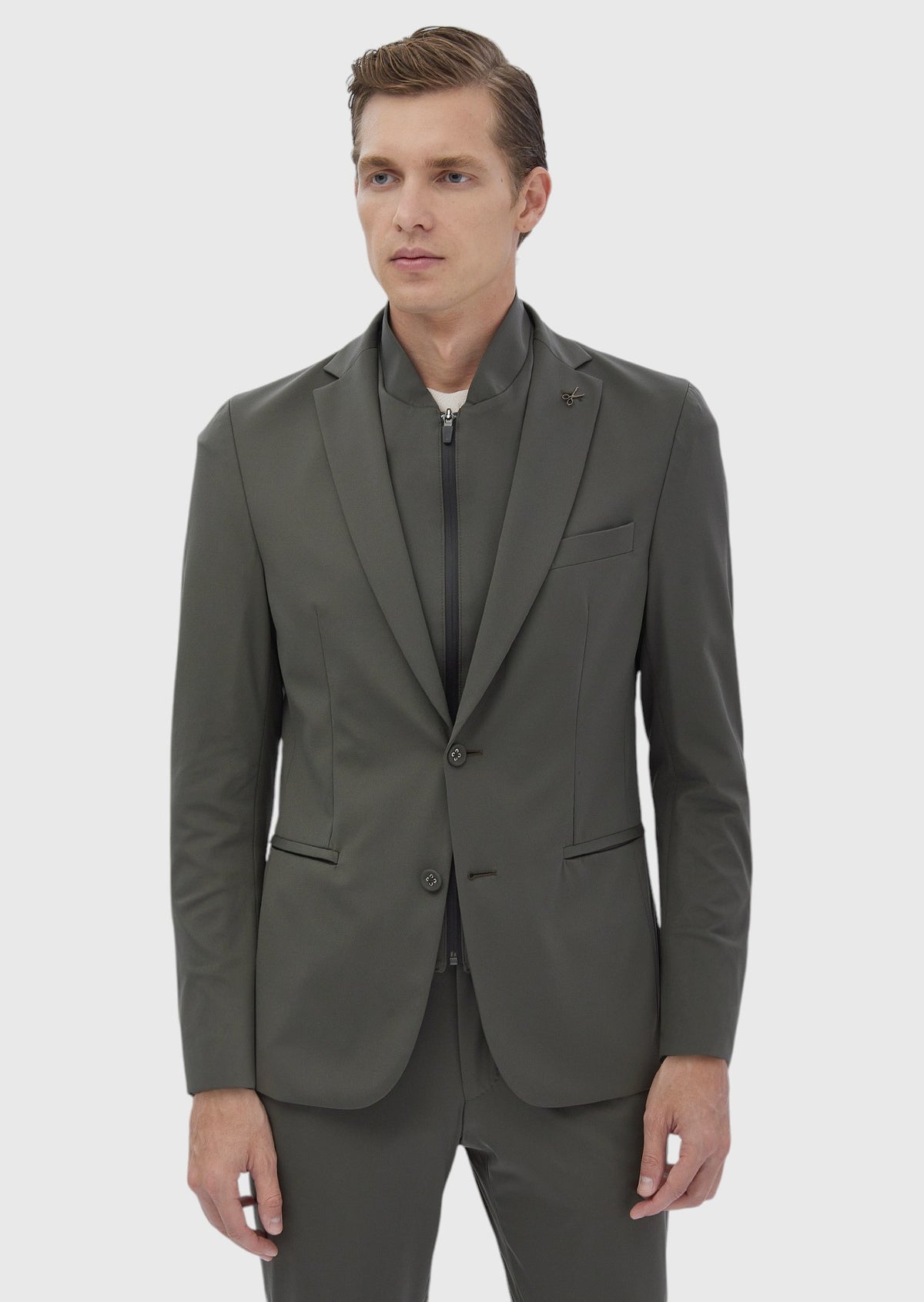 Haki Düz Comfort Fit Örme Takım Elbise